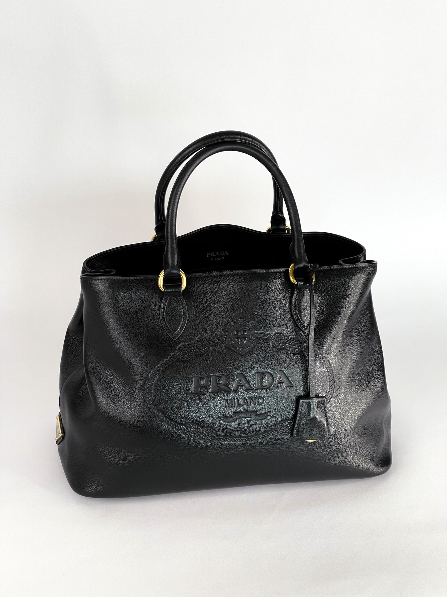 Prada Glace Calfskin Embossed Logo Tote Black