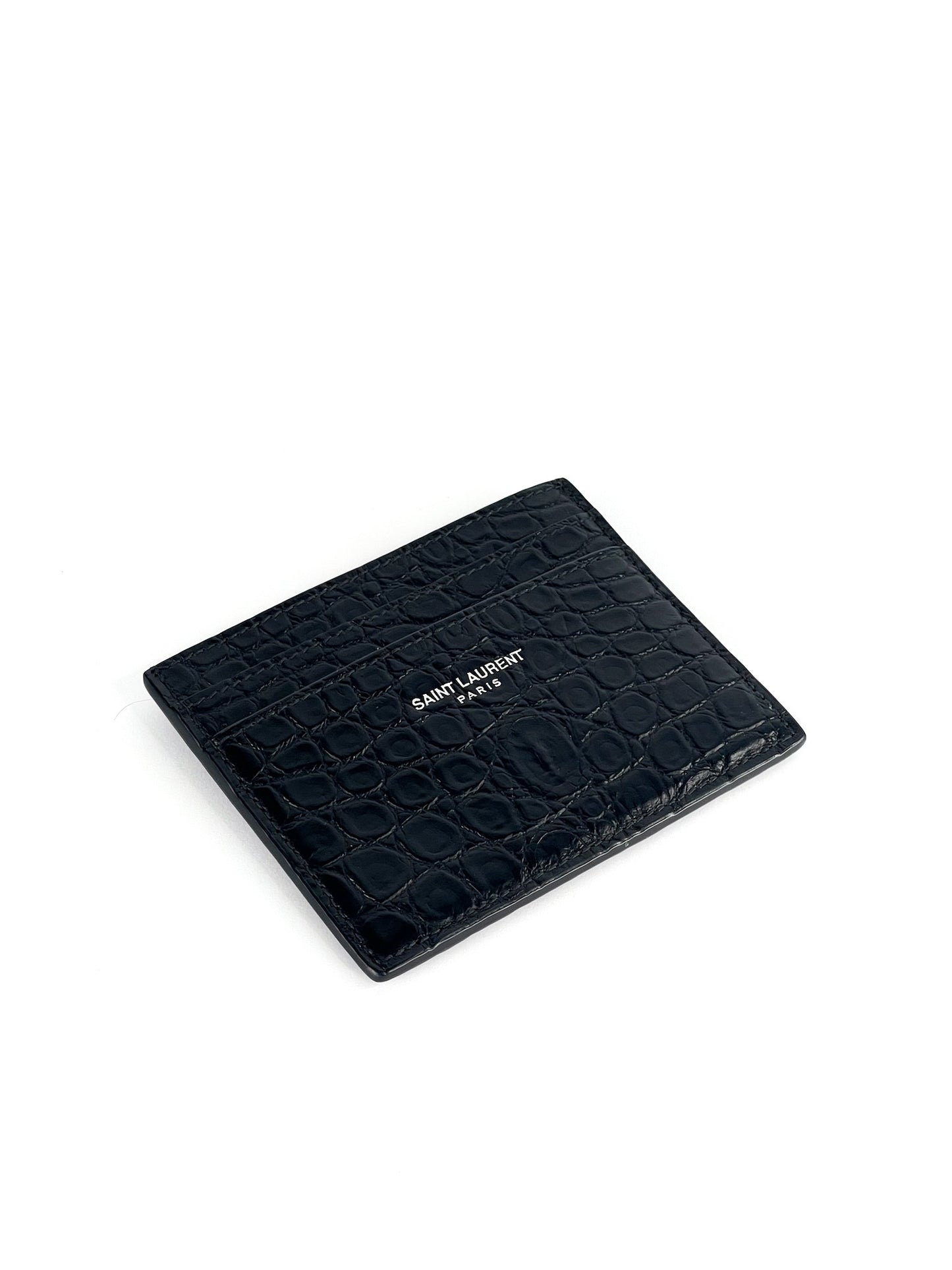 Saint Laurent Calfskin Crocodile Embossed Card Case Black