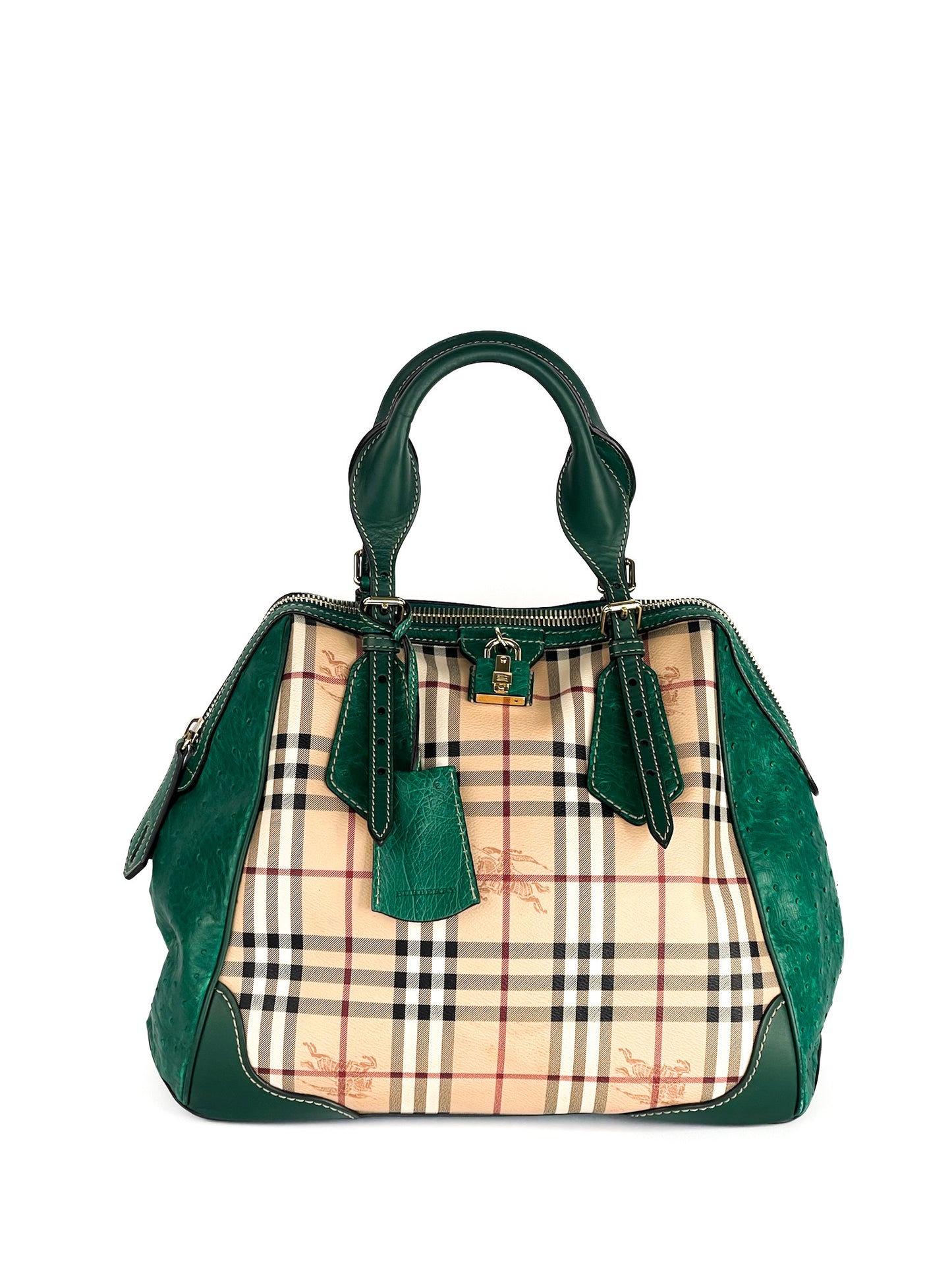 Burberry Haymarket Check Coated Canvas and Leather Boston Bag Limited Edition with Ostrich Leather
