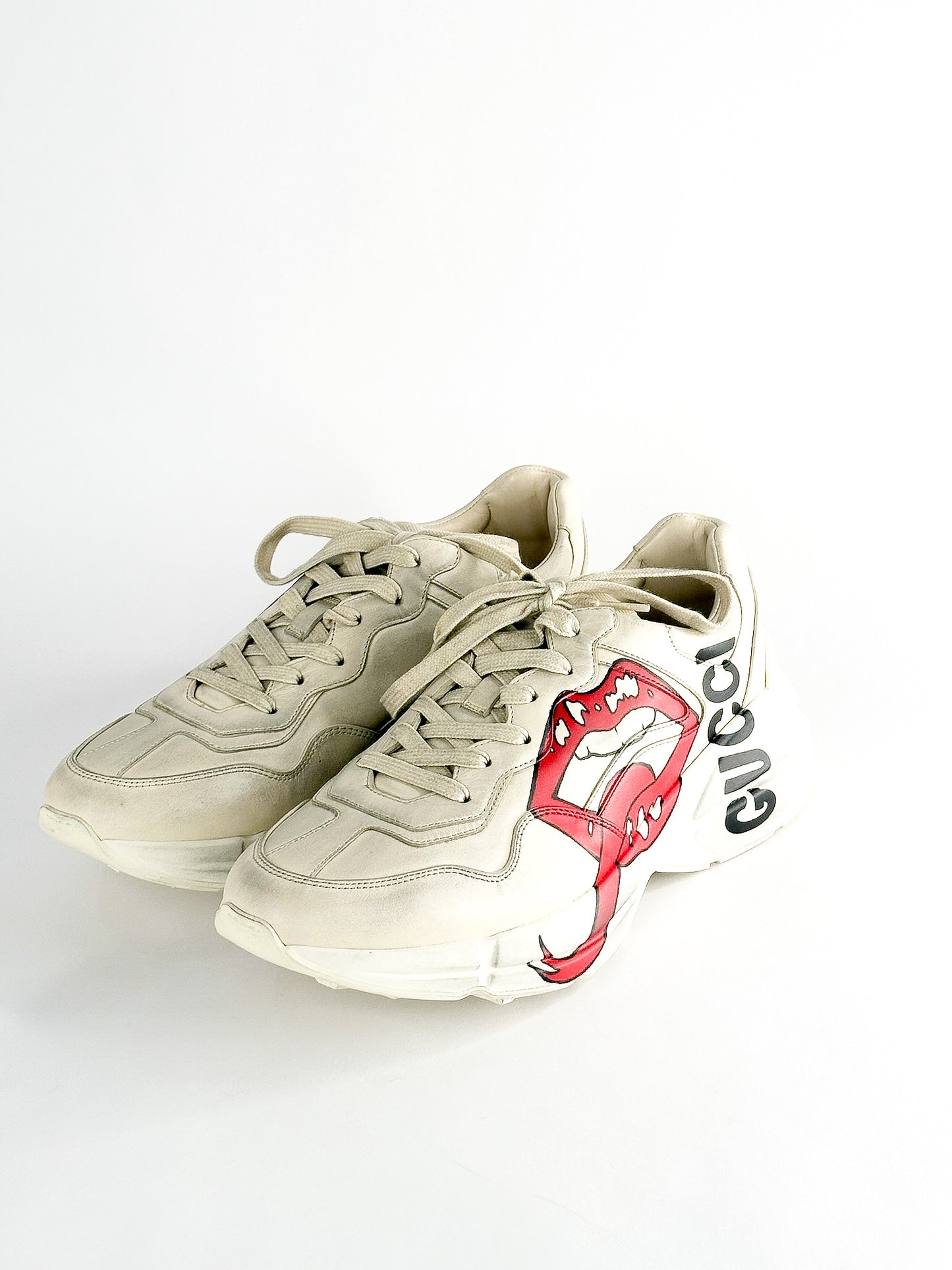 Gucci Cream Leather Rhyton Lace Up Sneakers Size 42