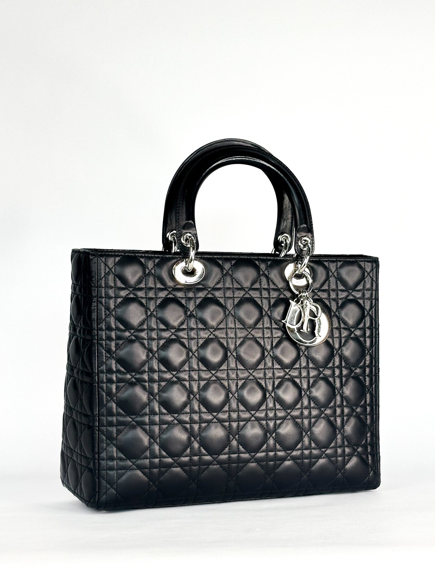 Christian Dior Large Lady Dior Black Cannage Lambskin Silver Hardware