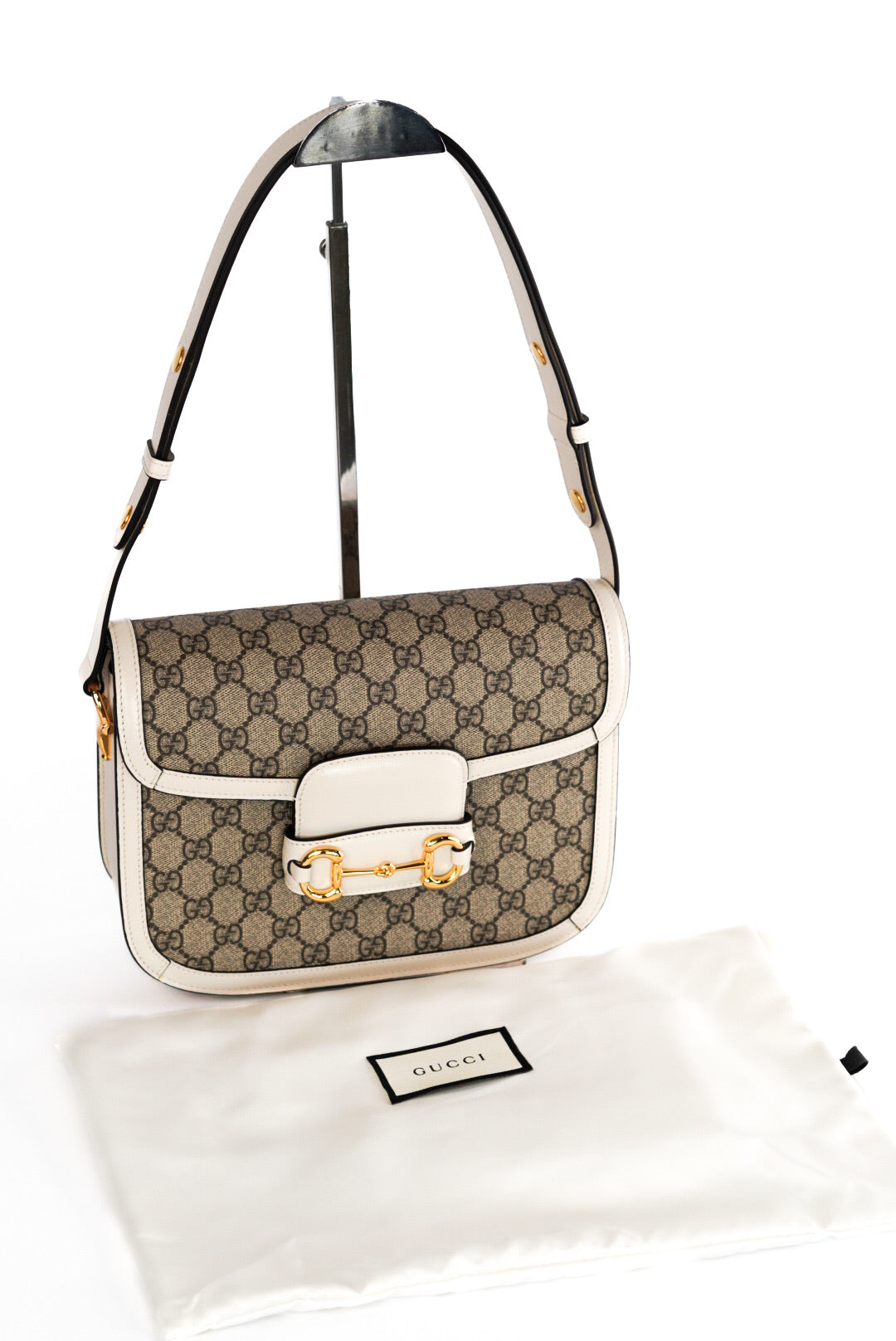 Gucci Beige/Off White GG Supreme Canvas and Leather Medium Horsebit 1955 Shoulder Bag