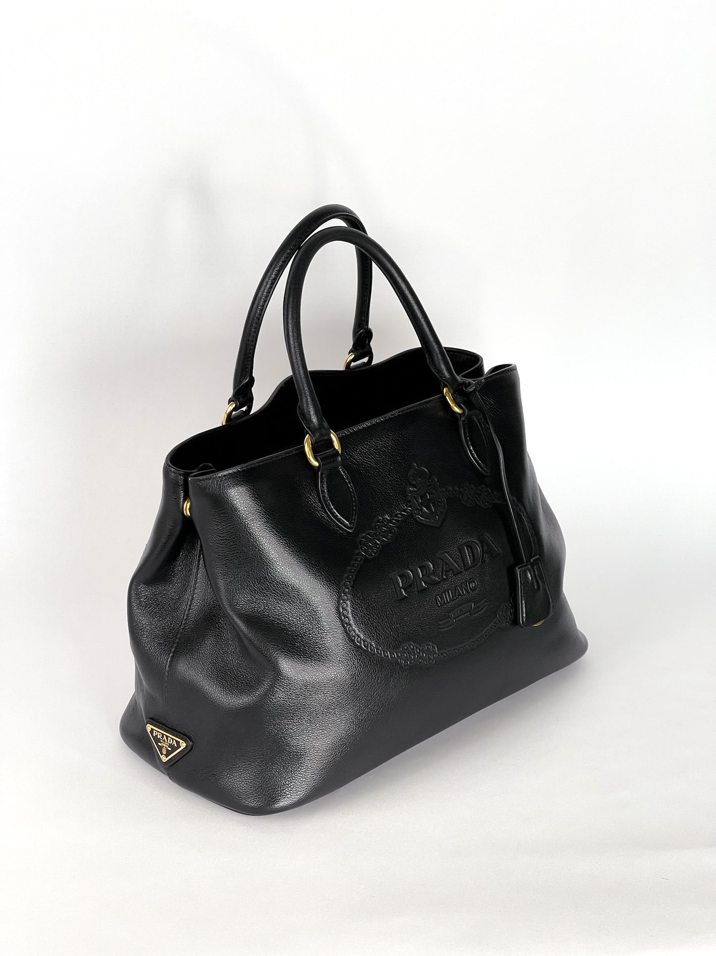 Prada Glace Calfskin Embossed Logo Tote Black