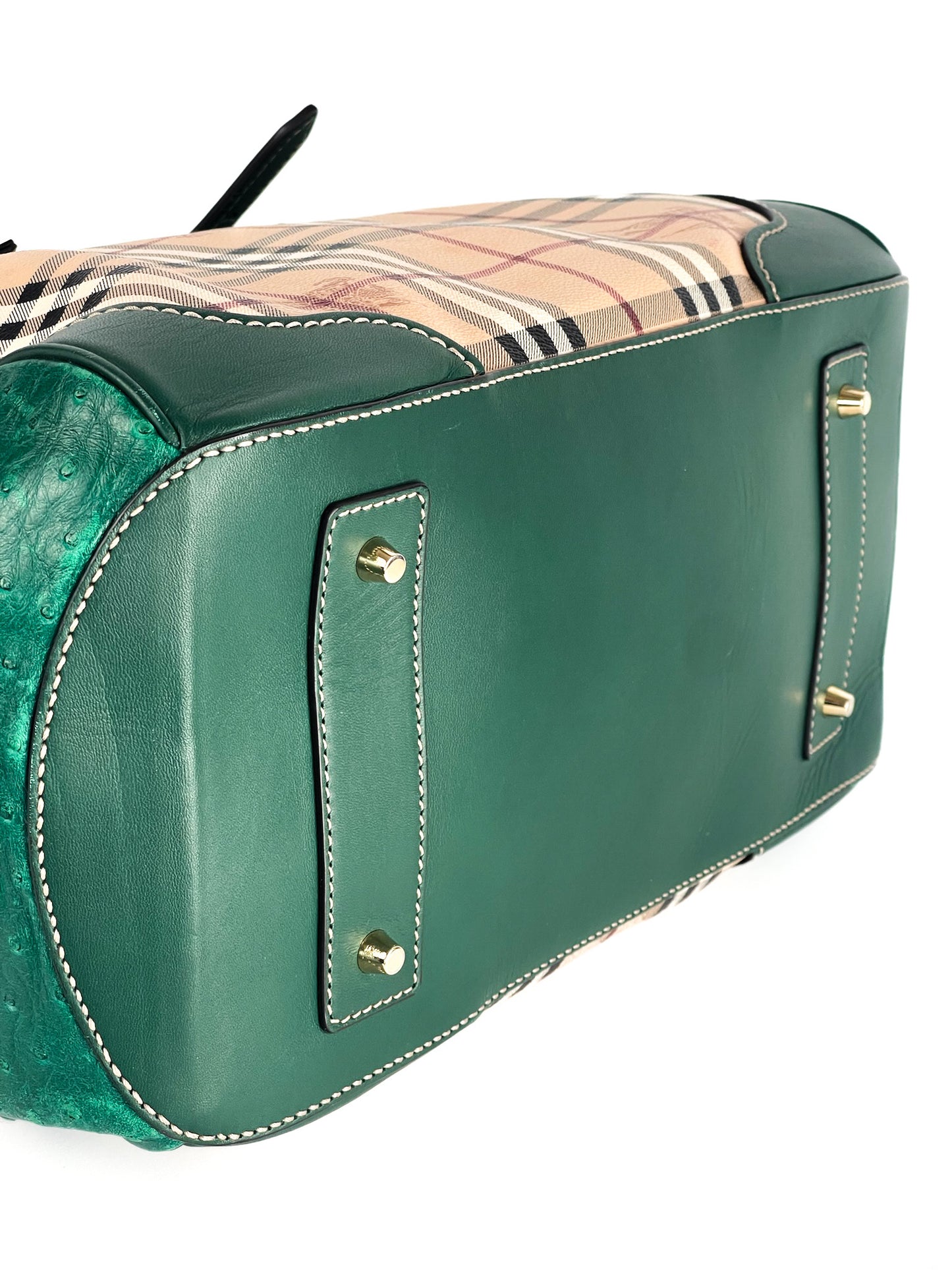 Burberry Haymarket Check Coated Canvas and Leather Boston Bag Limited Edition with Ostrich Leather