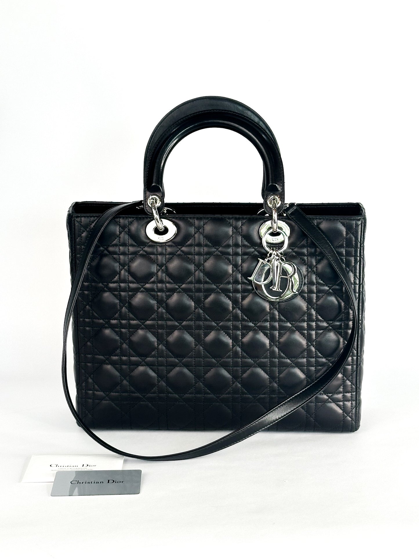 Christian Dior Large Lady Dior Black Cannage Lambskin Silver Hardware