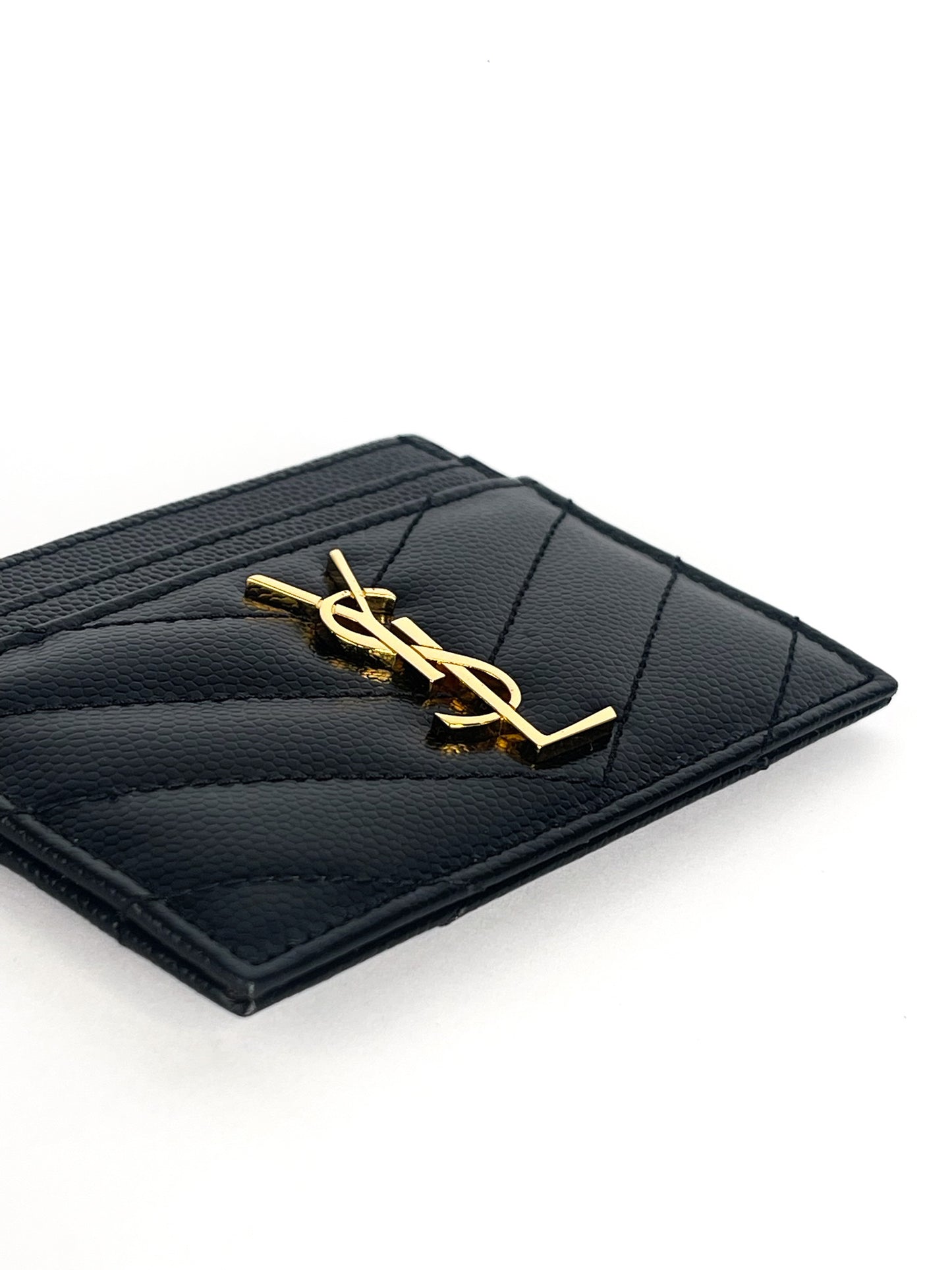Saint Laurent Grain De Poudre Matelasse Chevron Monogram Credit Card Case Black