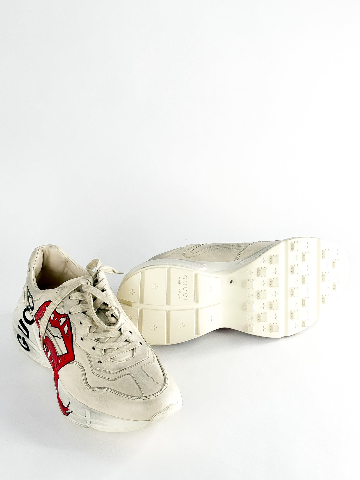 Gucci Cream Leather Rhyton Lace Up Sneakers Size 42