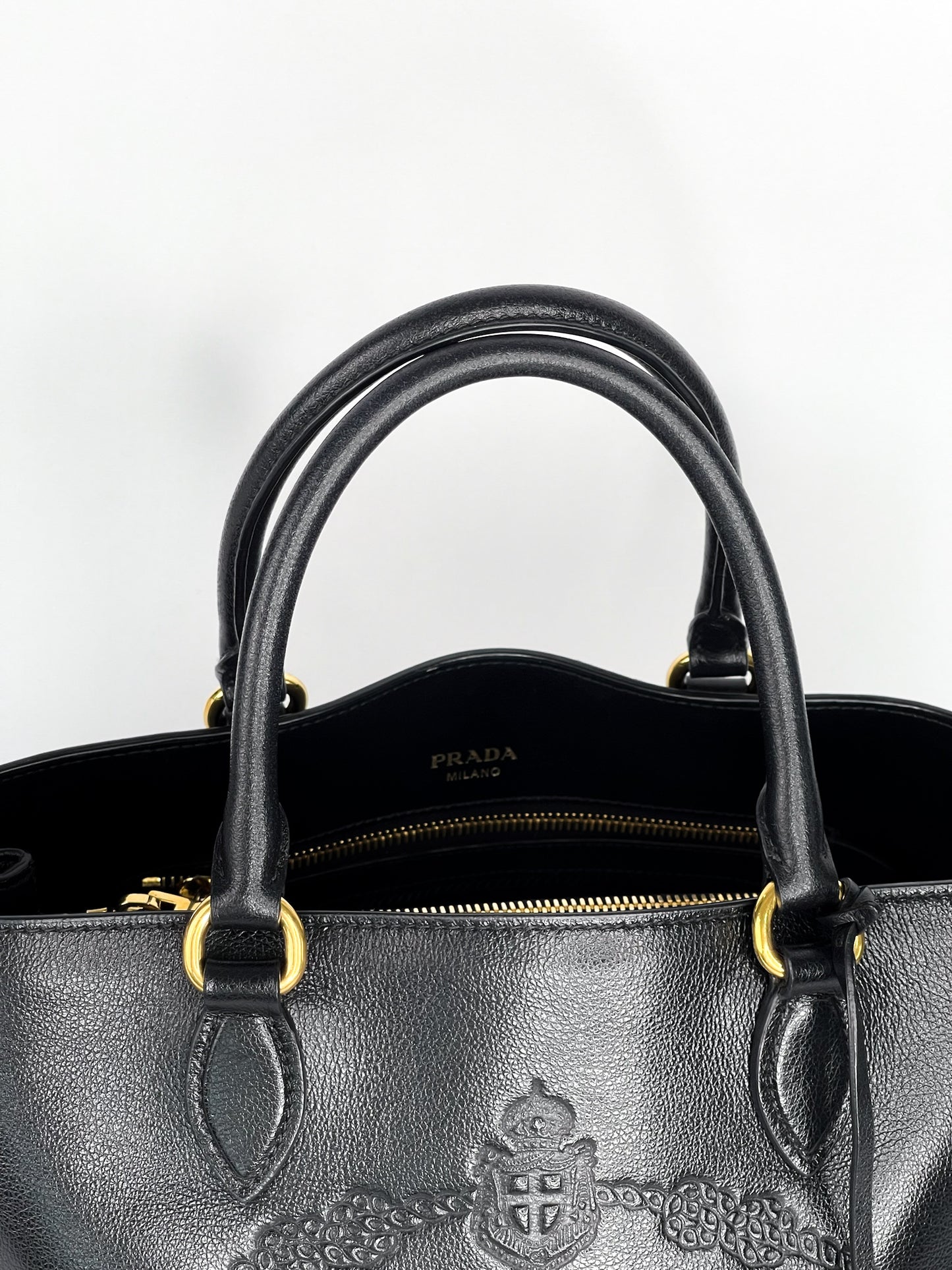 Prada Glace Calfskin Embossed Logo Tote Black