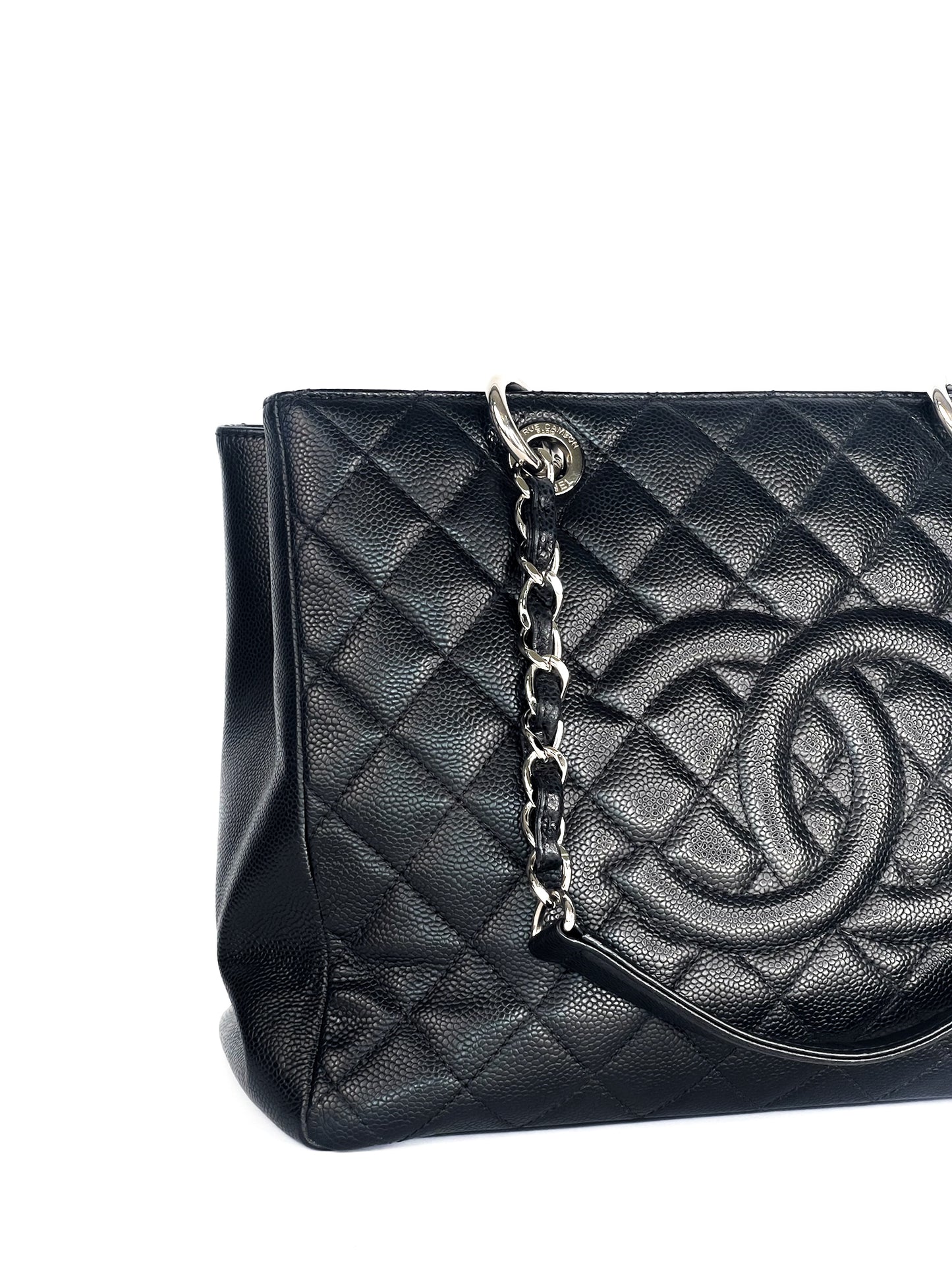 Chanel Grand Shopping Tote (GST) Black Quilted Caviar Leather Silver Hardware