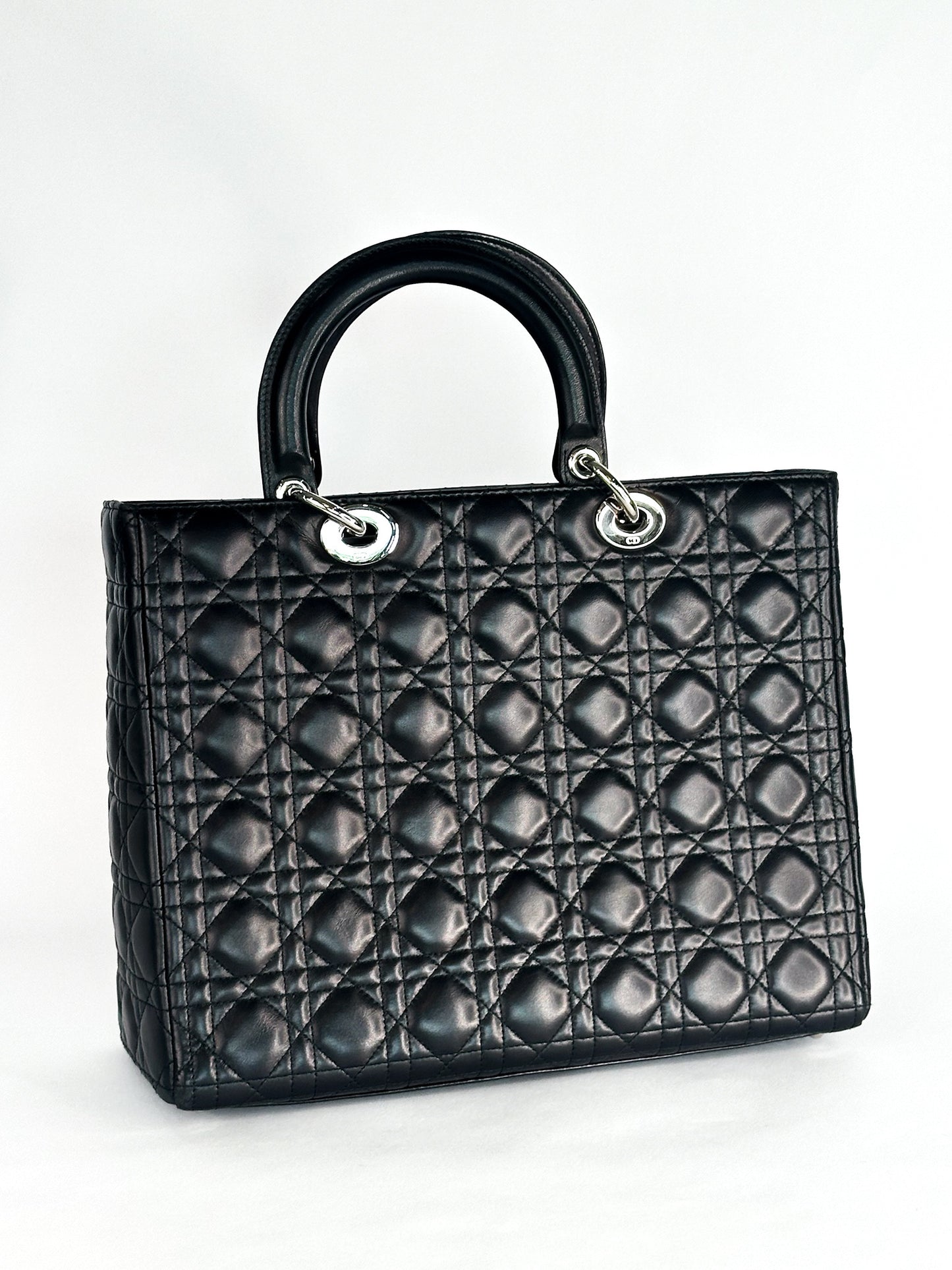 Christian Dior Large Lady Dior Black Cannage Lambskin Silver Hardware