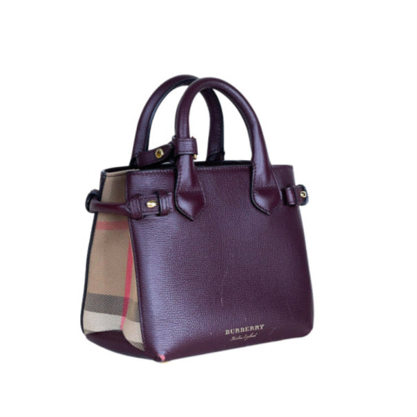 Burberry Burgundy/Beige Leather And House Check Canvas Mini Banner Tote