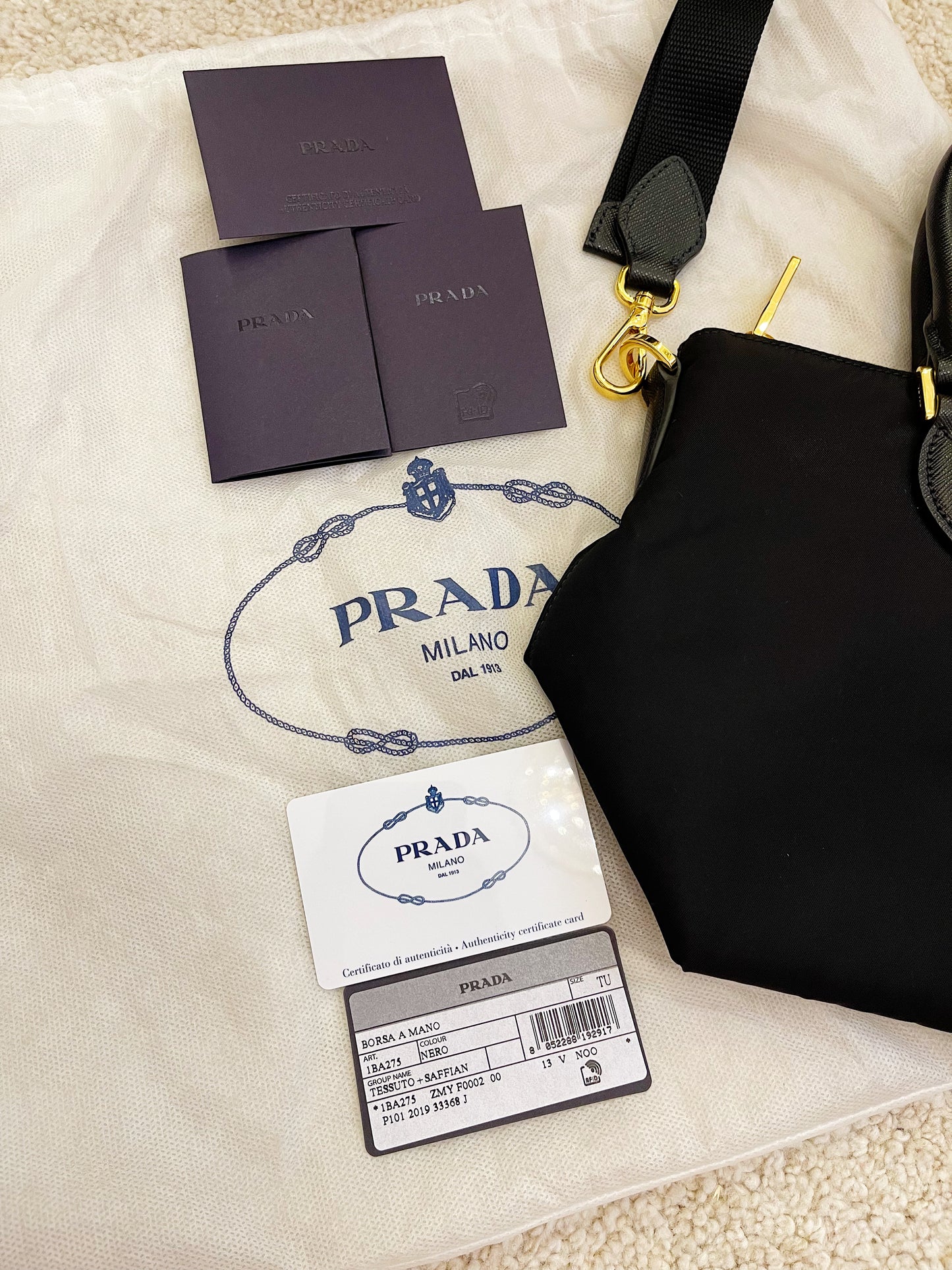 Prada Tessuto Nylon Saffiano Leather Trim Black Medium Satchel