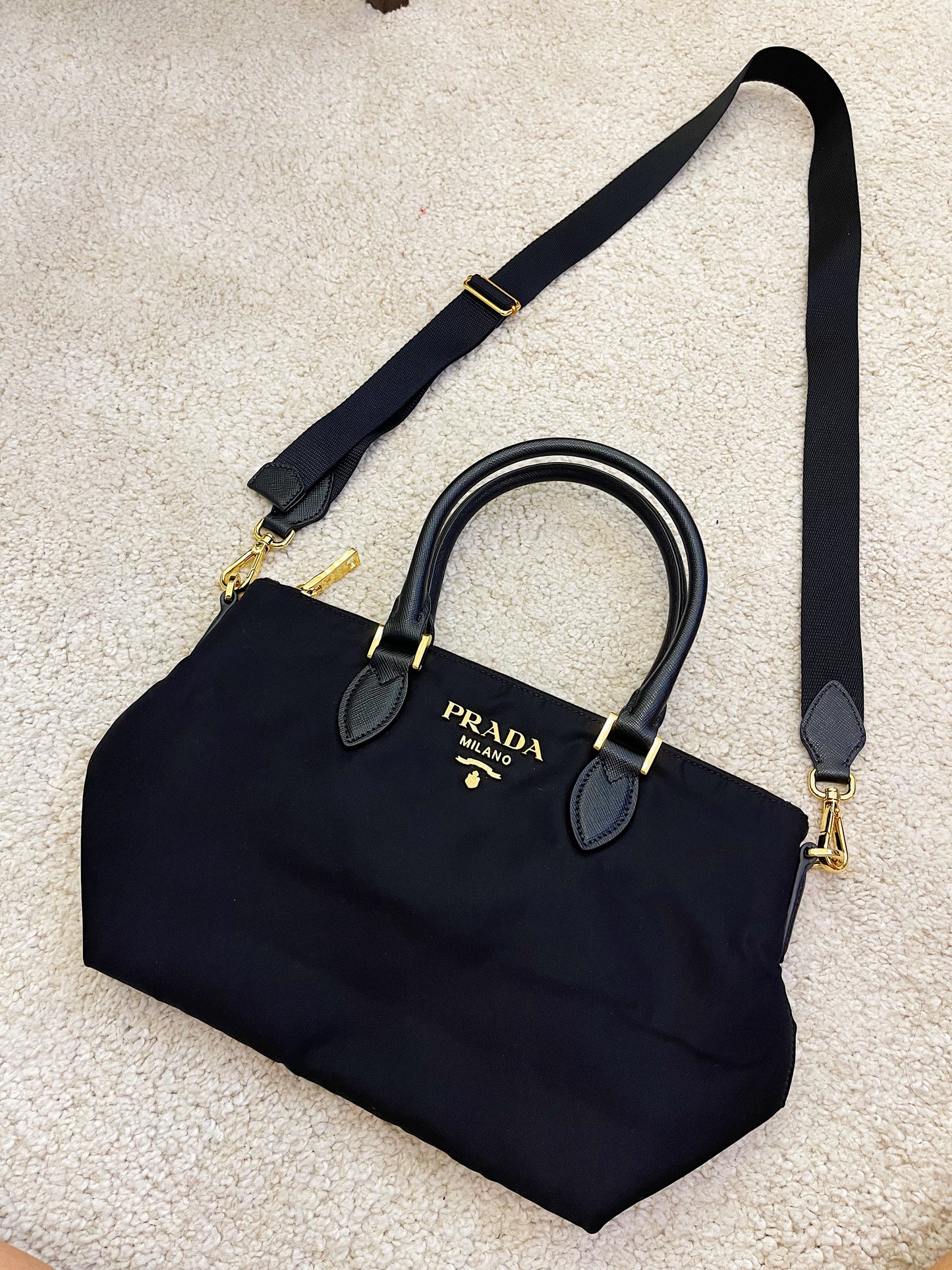 Prada Tessuto Nylon Saffiano Leather Trim Black Medium Satchel