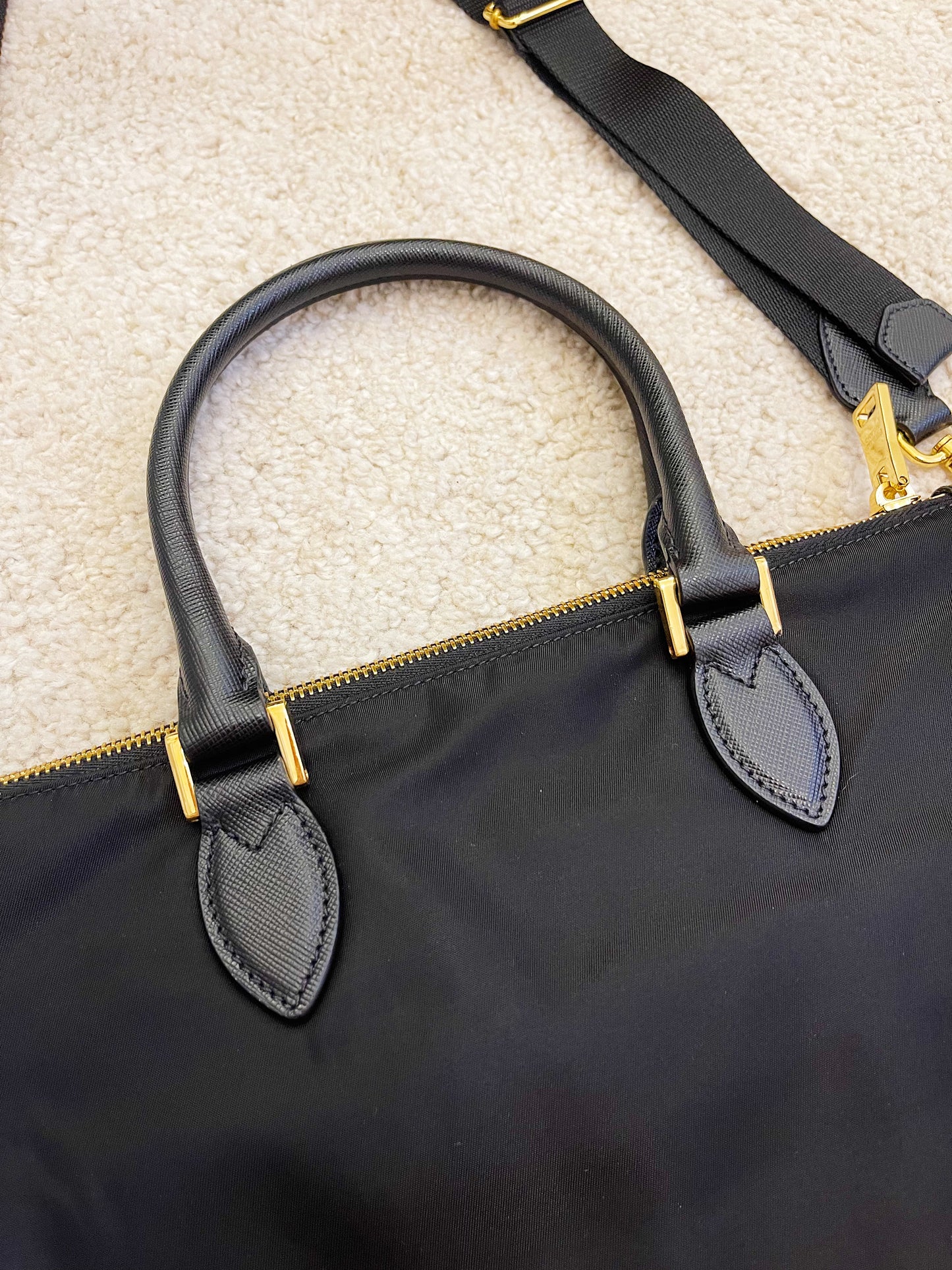 Prada Tessuto Nylon Saffiano Leather Trim Black Medium Satchel