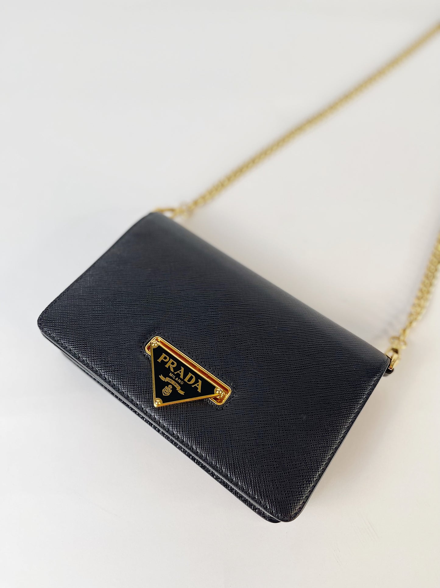Prada Black Saffiano Flip Lock Wallet on Chain