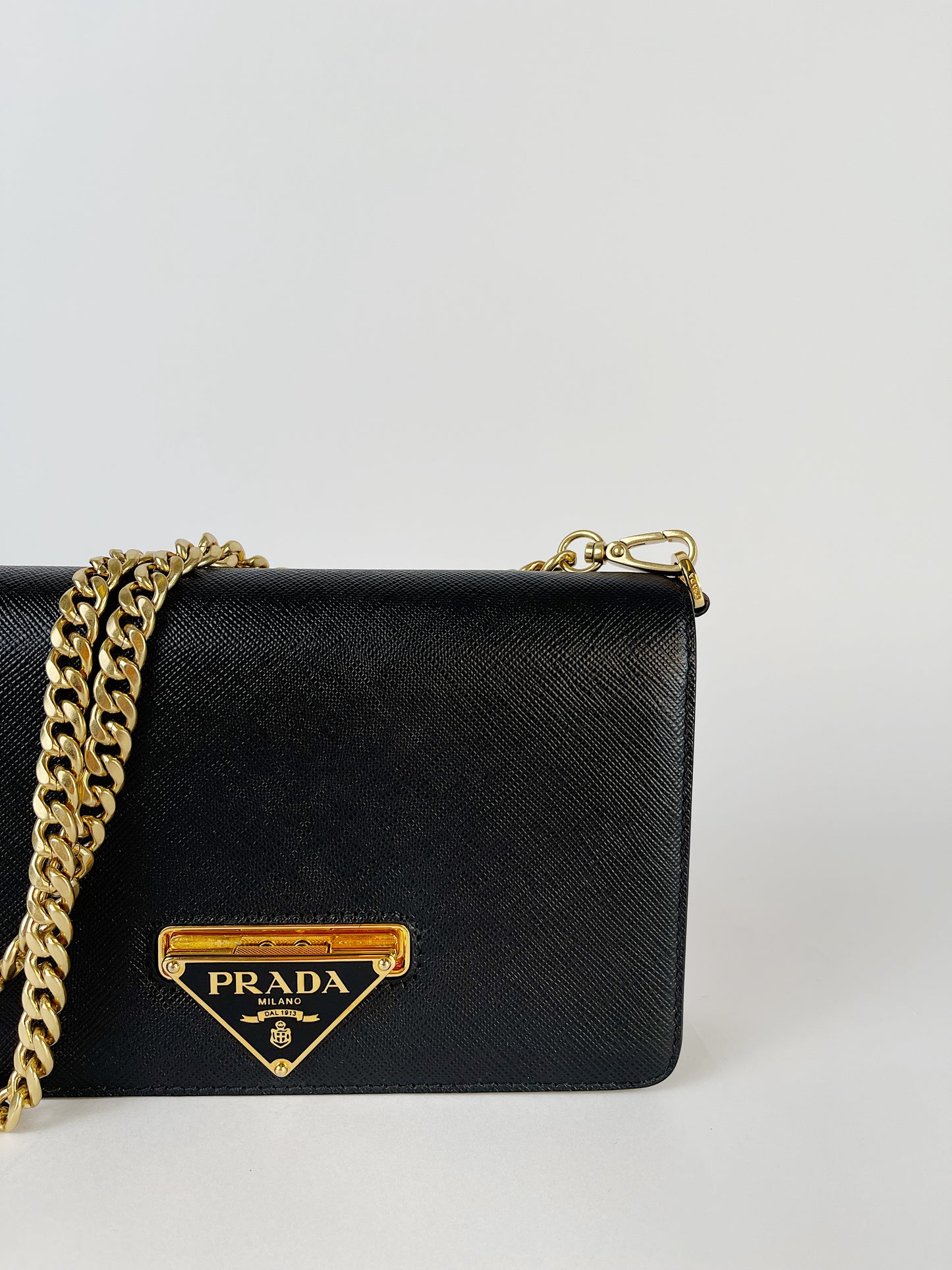 Prada Black Saffiano Flip Lock Wallet on Chain