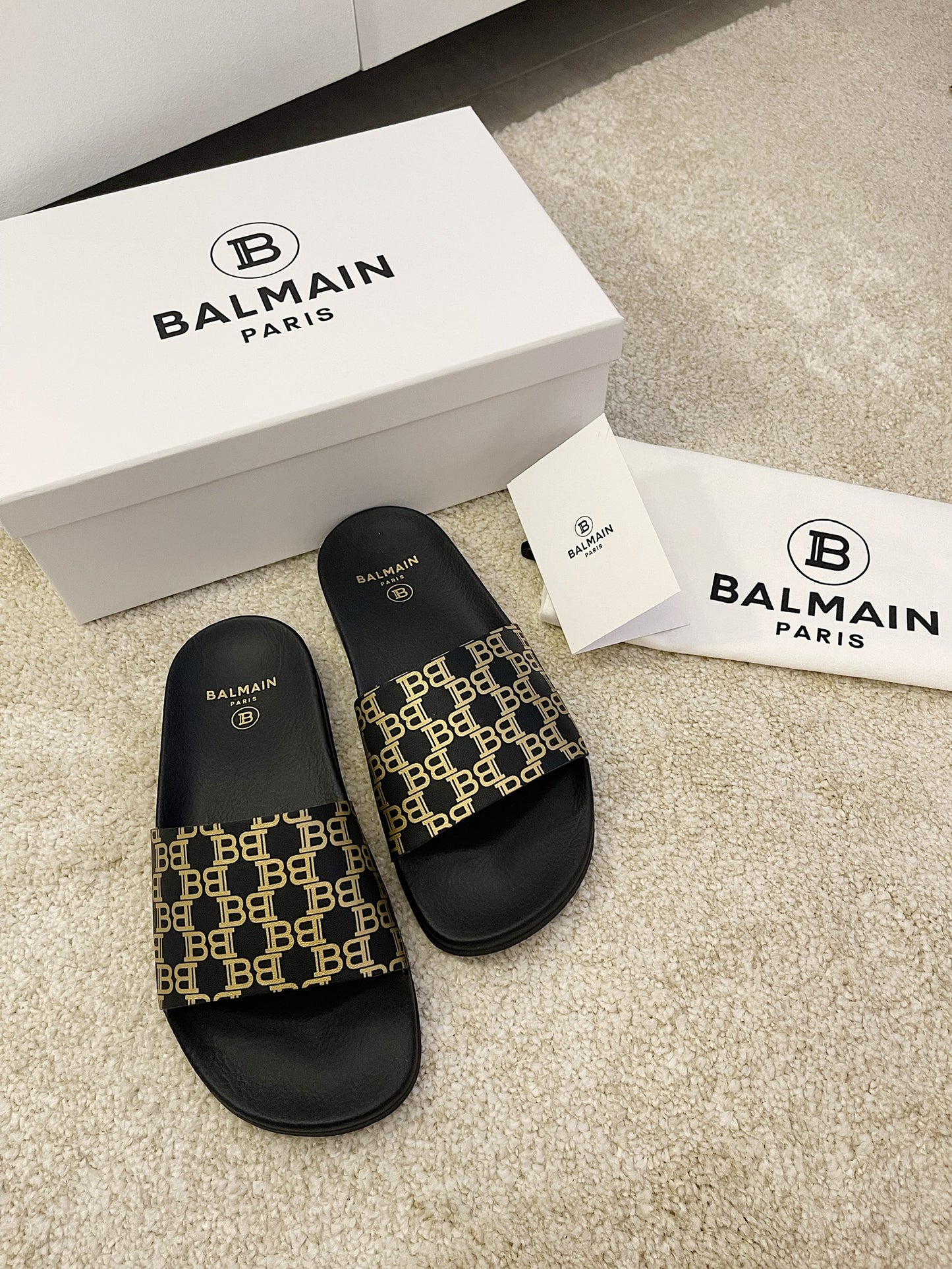 BALMAIN Boys Black & Gold Logo Print Sliders