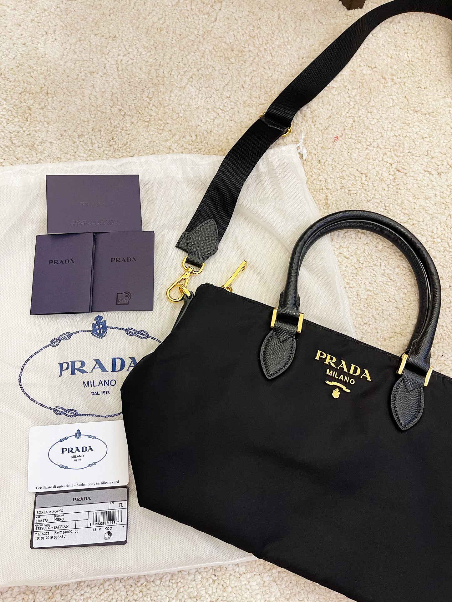 Prada Tessuto Nylon Saffiano Leather Trim Black Medium Satchel