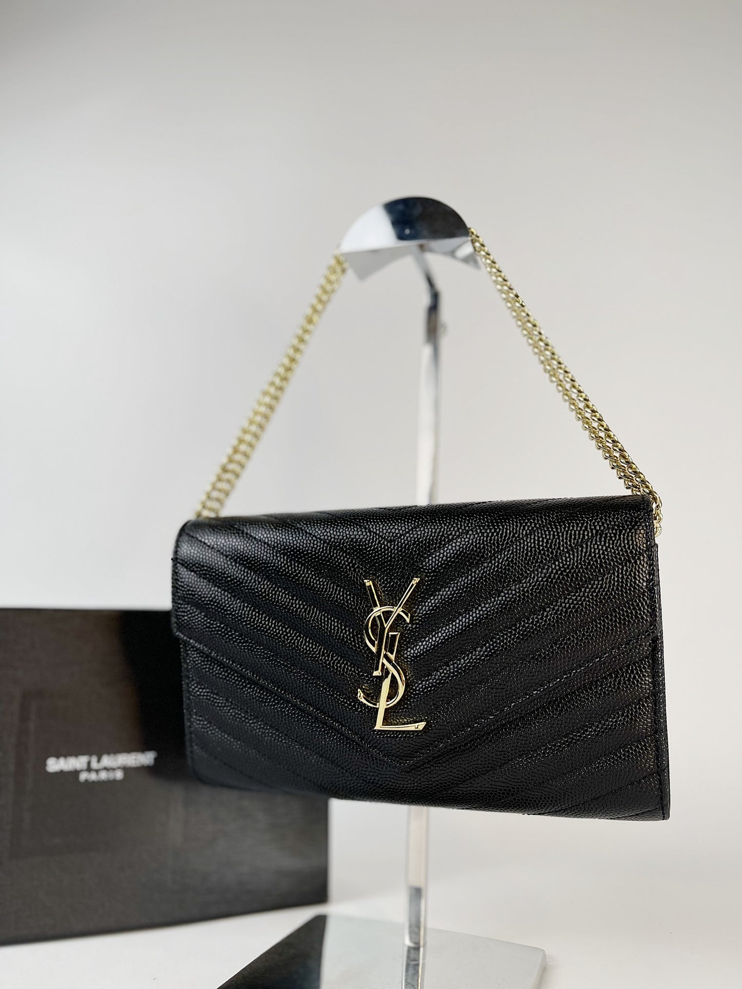 Cassandre Saint Laurent Matelassé Chain Wallet In Grain De Poudre Embossed Leather