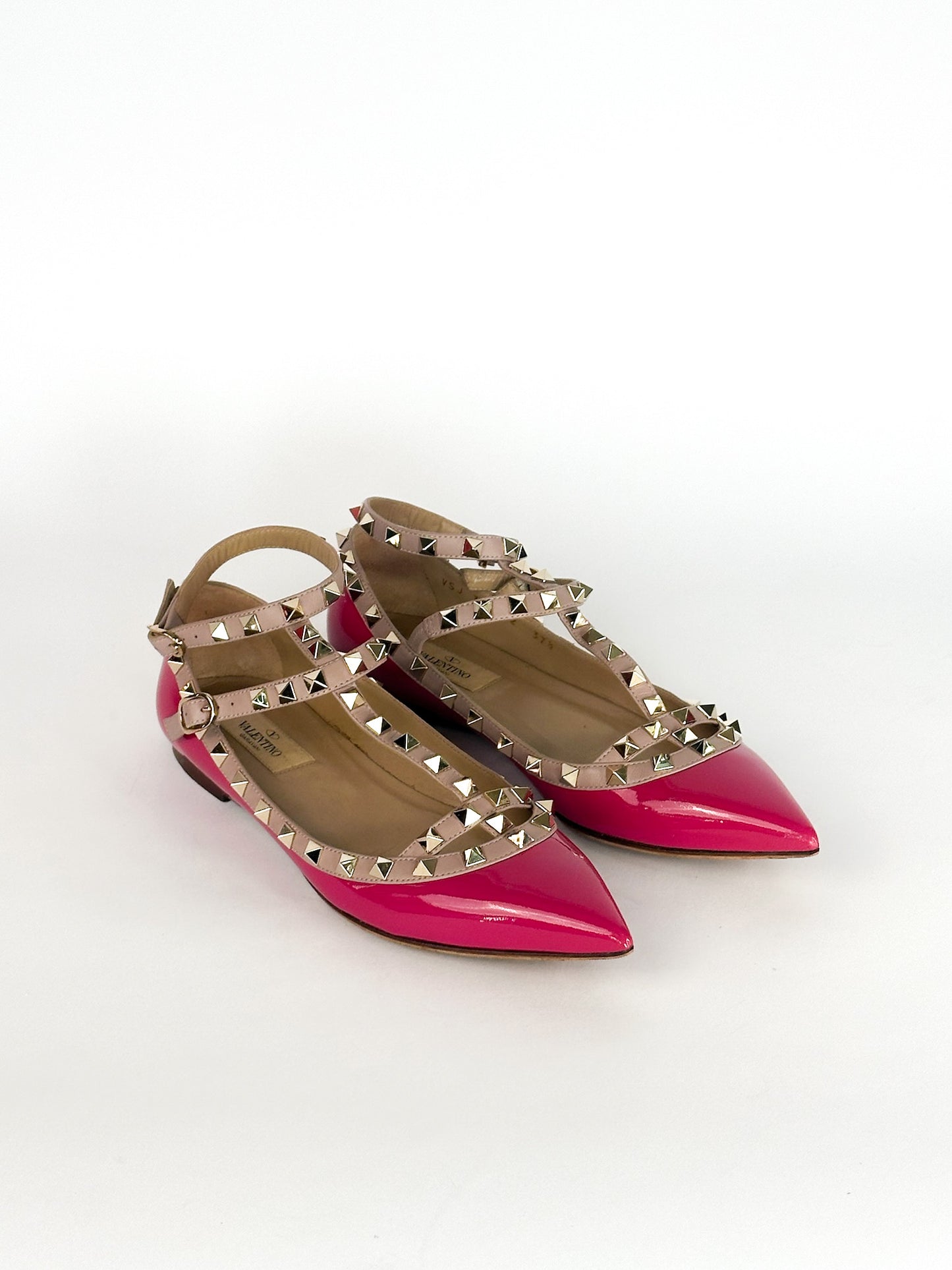 Valentino Pink Patent Leather Rockstud Ankle Strap Flats Size 37 1/2