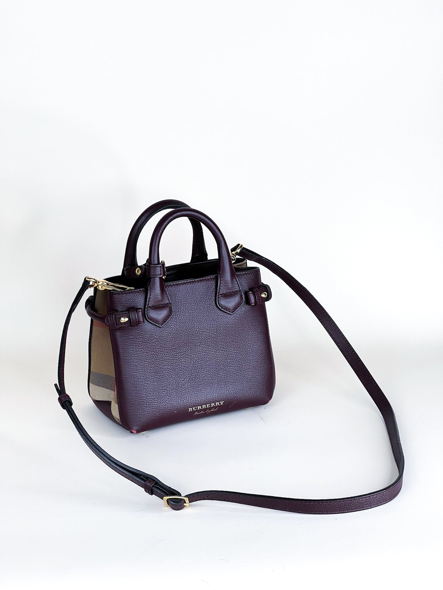 Burberry Burgundy/Beige Leather And House Check Canvas Mini Banner Tote