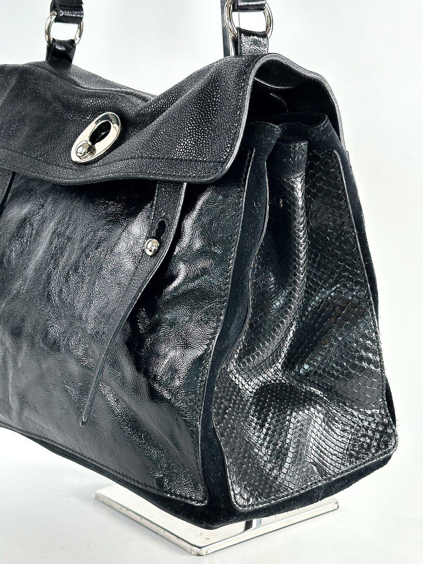 Yves Saint Laurent Black Patent Leather/Python and Suede Muse Two Satchel Medium