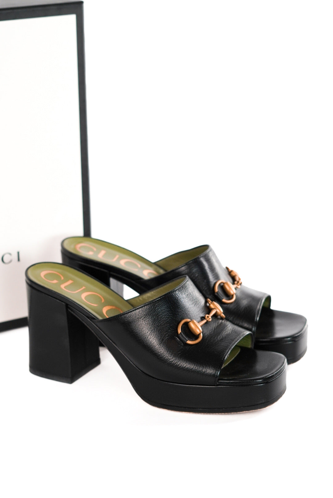 Gucci Black Leather Horsebit Platform Slide Sandals Size 39