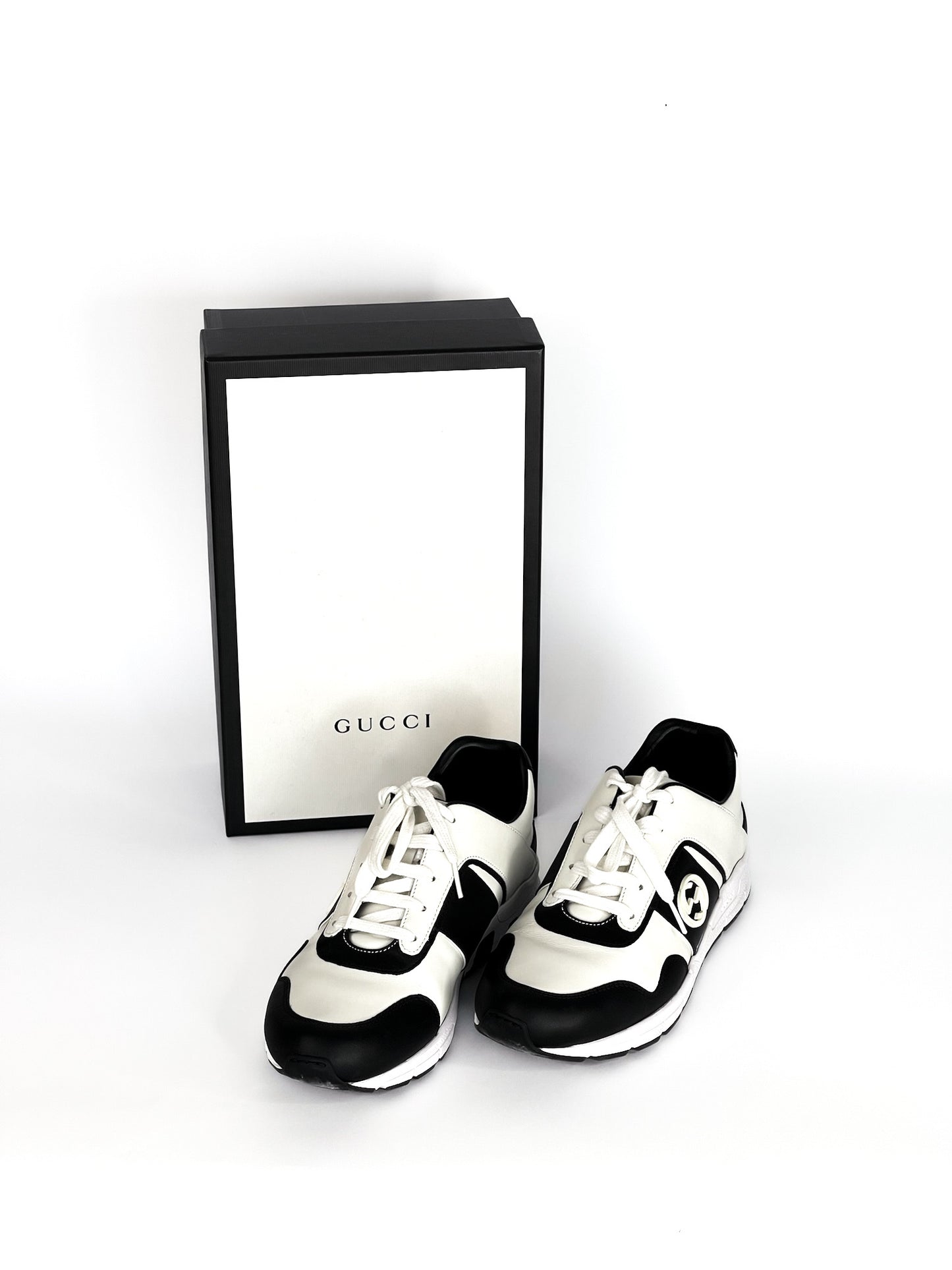 Gucci Calfskin Interlocking G Sneakers Black White Size 39