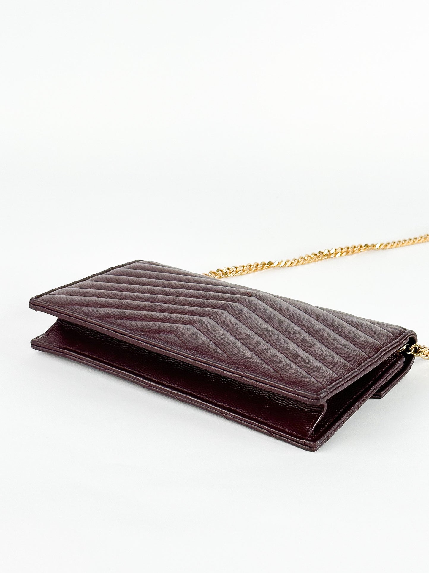 Saint Laurent Burgundy Matelassé Leather Monogram Envelope Wallet on Chain
