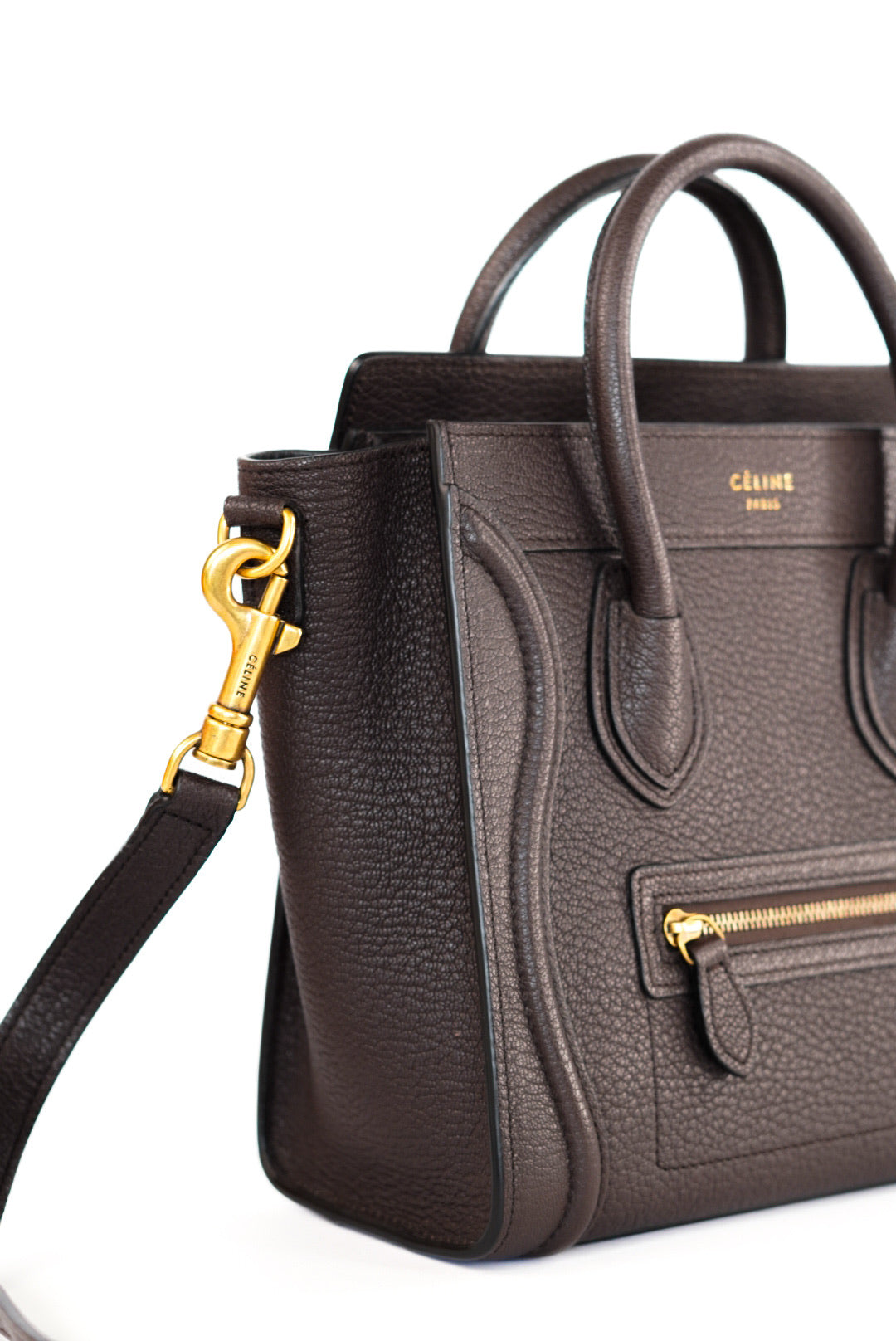 Celine Drummed Calfskin Nano Luggage Brown