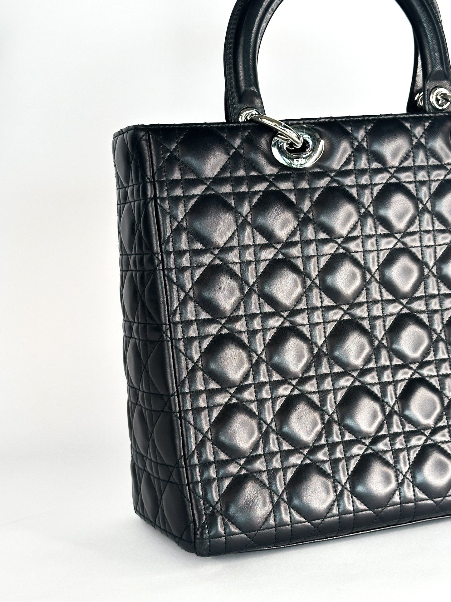 Christian Dior Large Lady Dior Black Cannage Lambskin Silver Hardware