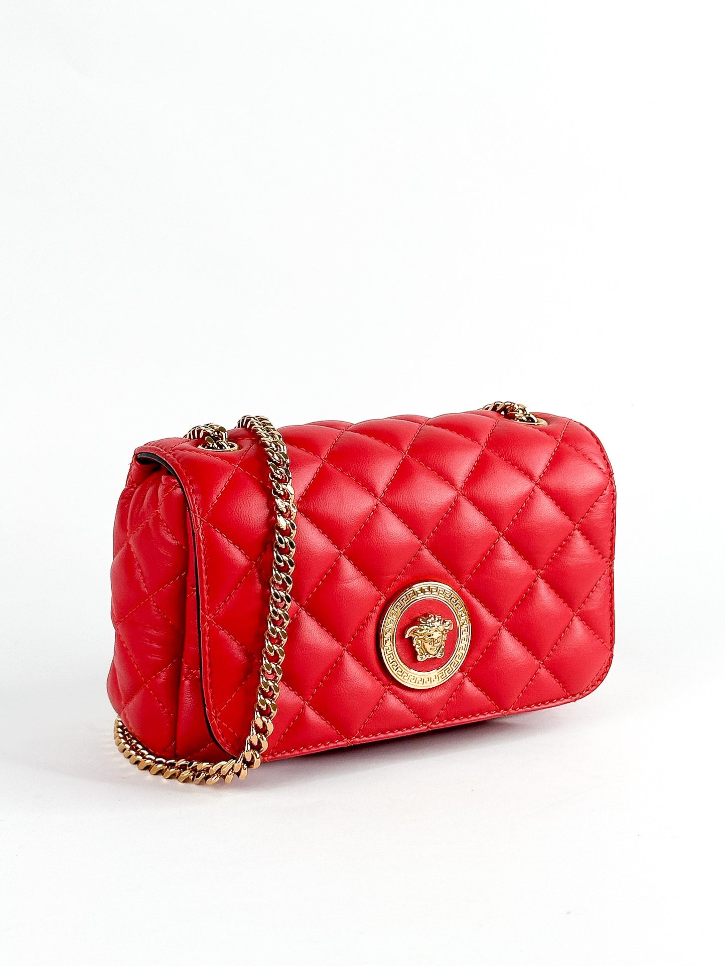 Versace Quilted Leather Red Medusa Head Small Flap Crossbody