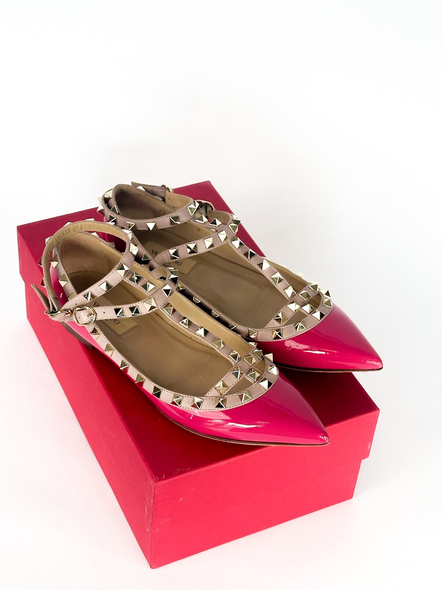 Valentino Pink Patent Leather Rockstud Ankle Strap Flats Size 37 1/2