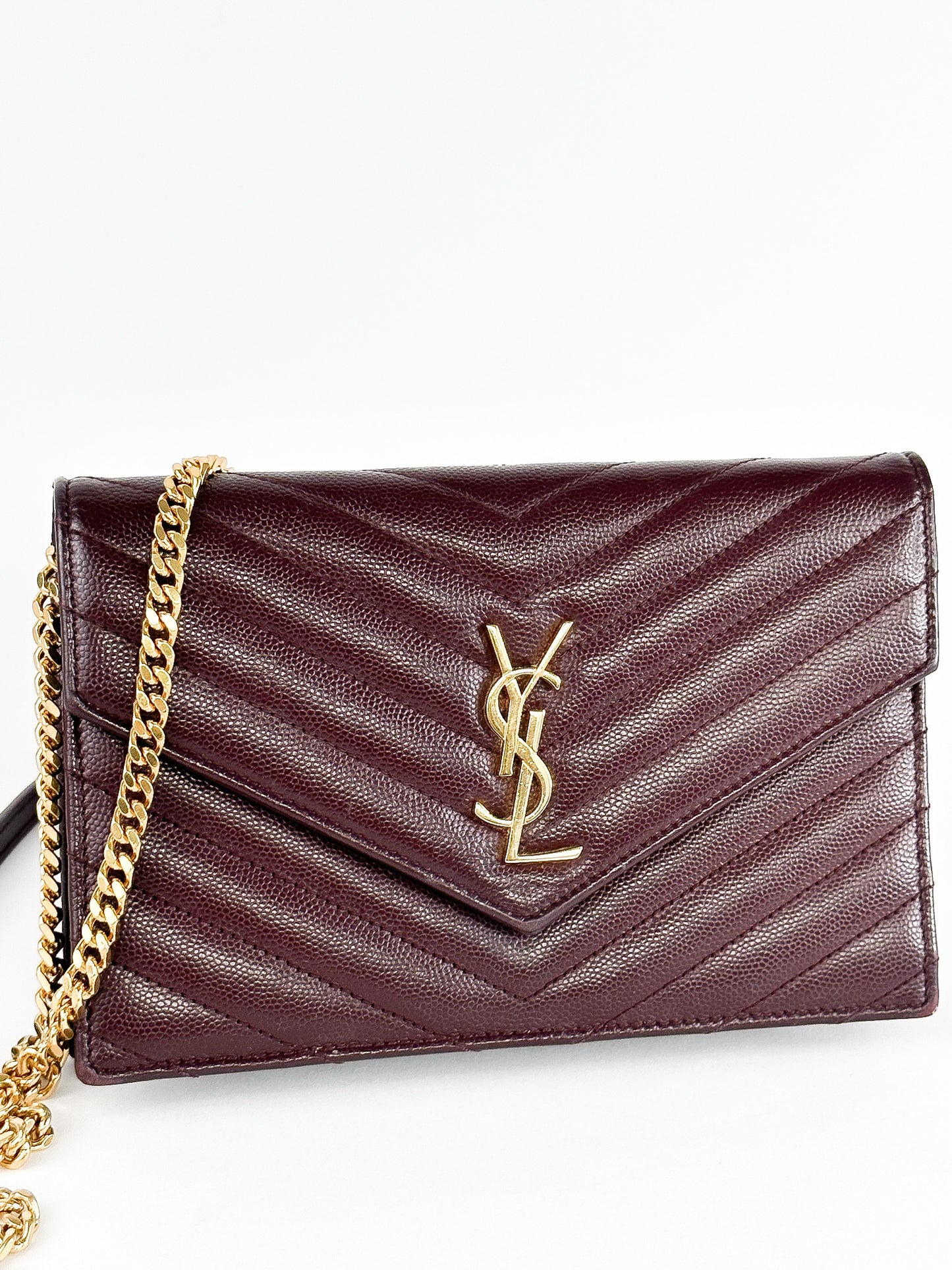 Saint Laurent Burgundy Matelassé Leather Monogram Envelope Wallet on Chain
