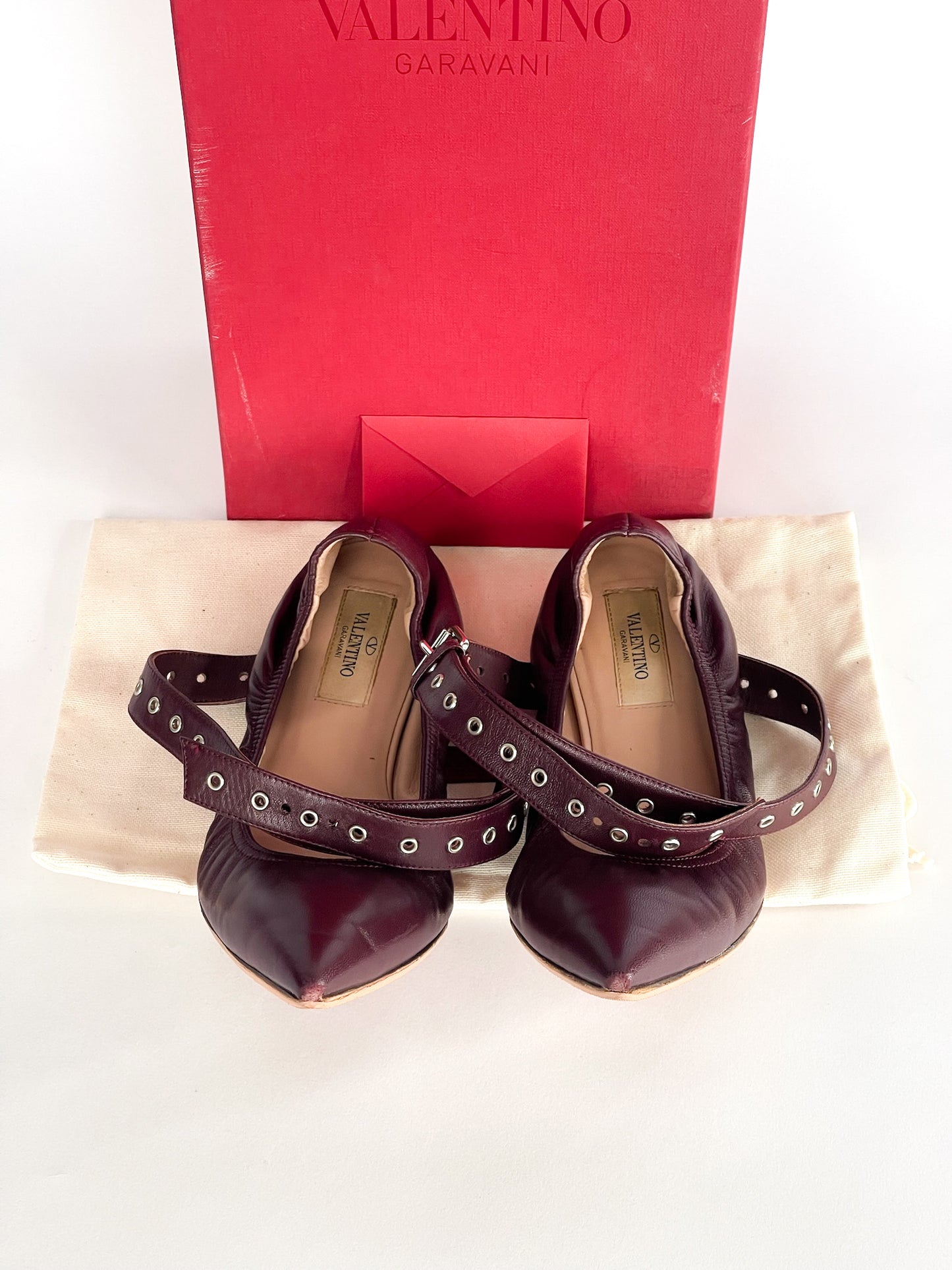 Valentino Garavani Love Latch Grommeted Leather Ankle-wrap Ballet Flats Size 37