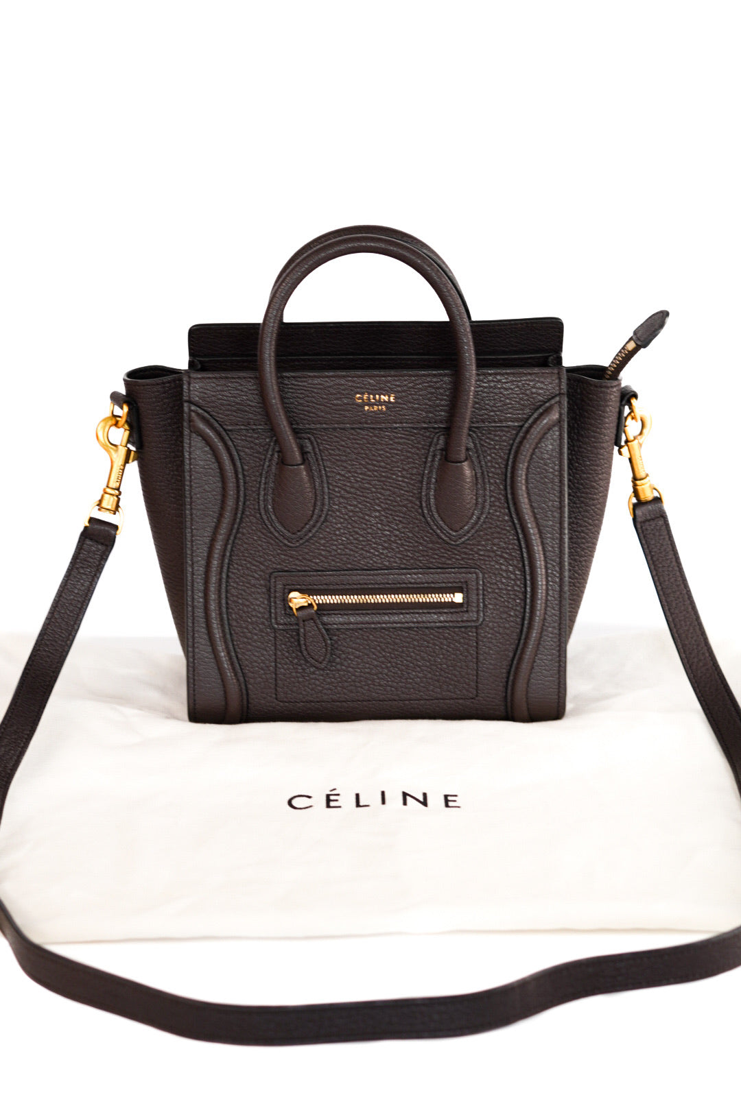 Celine Drummed Calfskin Nano Luggage Brown