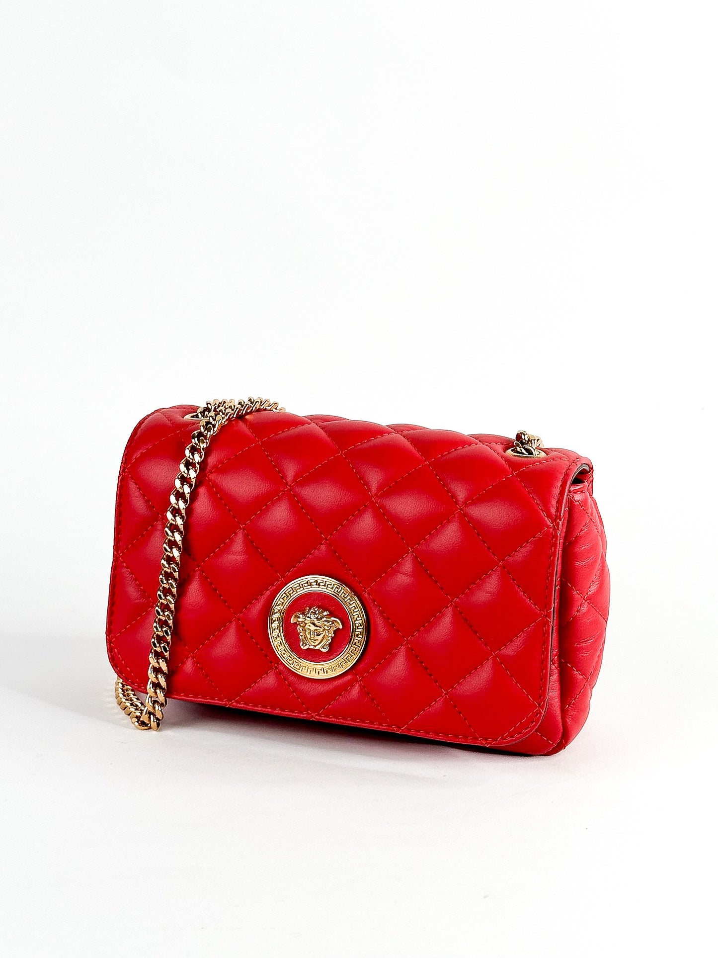 Versace Quilted Leather Red Medusa Head Small Flap Crossbody