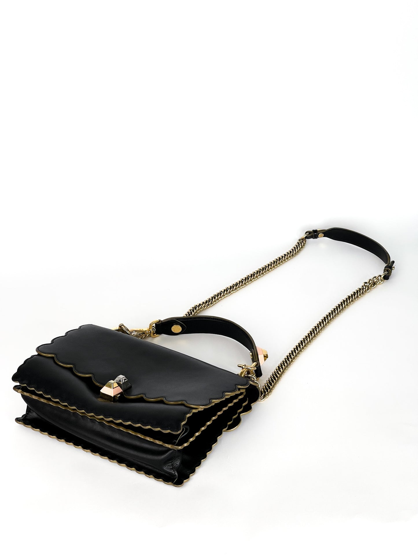 Fendi Vitello Liberty Scalloped Studded Kan I Shoulder Bag Black