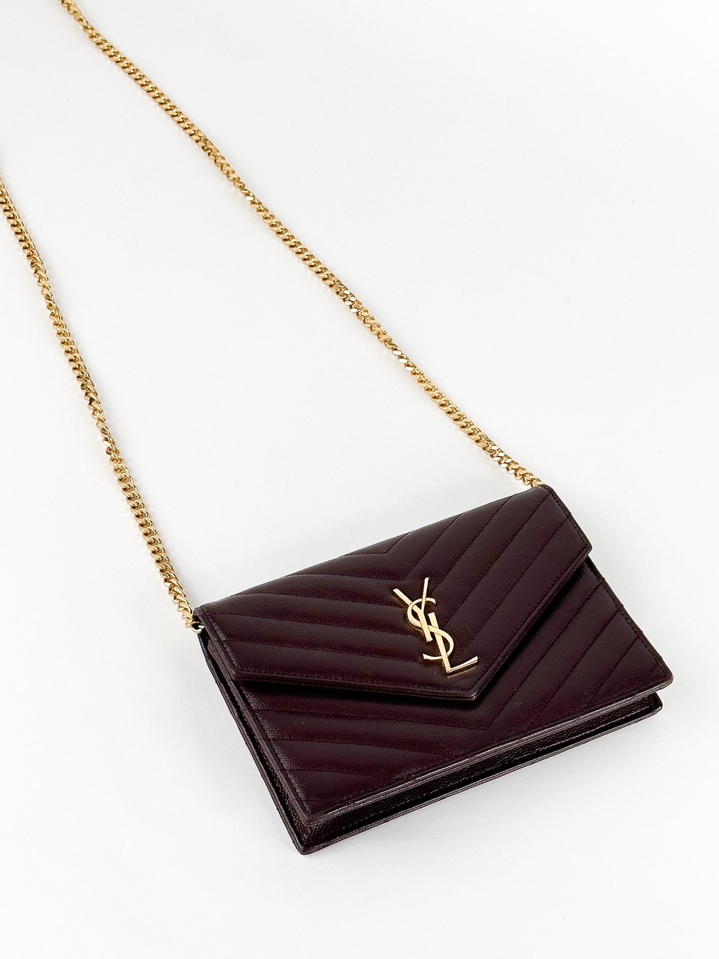 Saint Laurent Burgundy Matelassé Leather Monogram Envelope Wallet on Chain