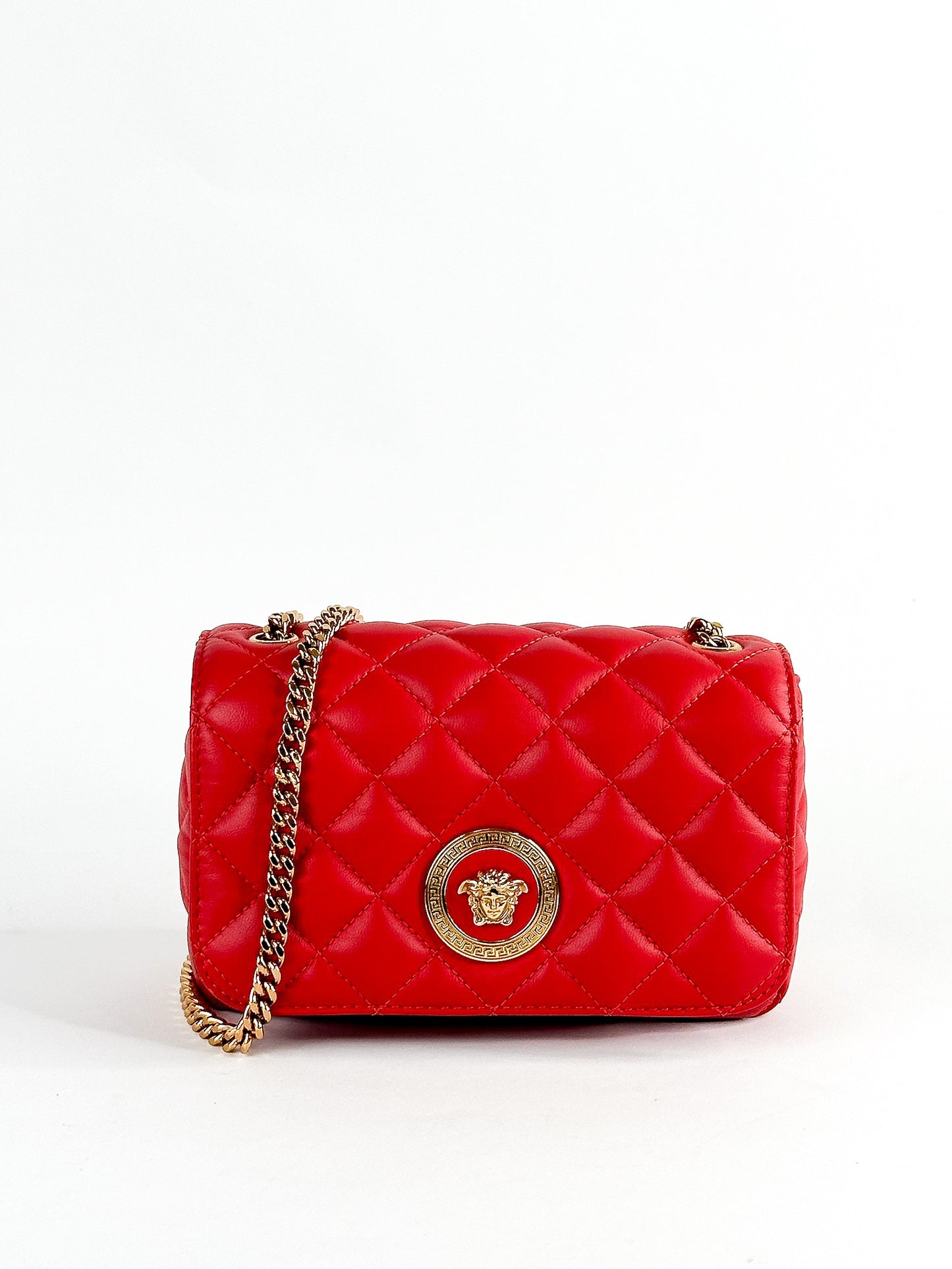 Versace Quilted Leather Red Medusa Head Small Flap Crossbody