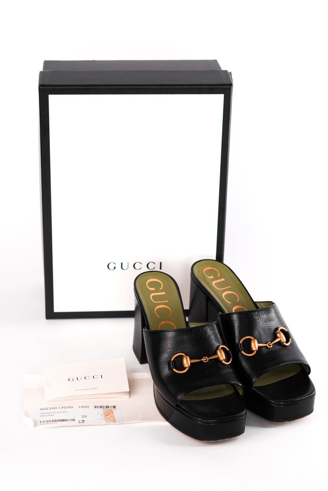 Gucci Black Leather Horsebit Platform Slide Sandals Size 39