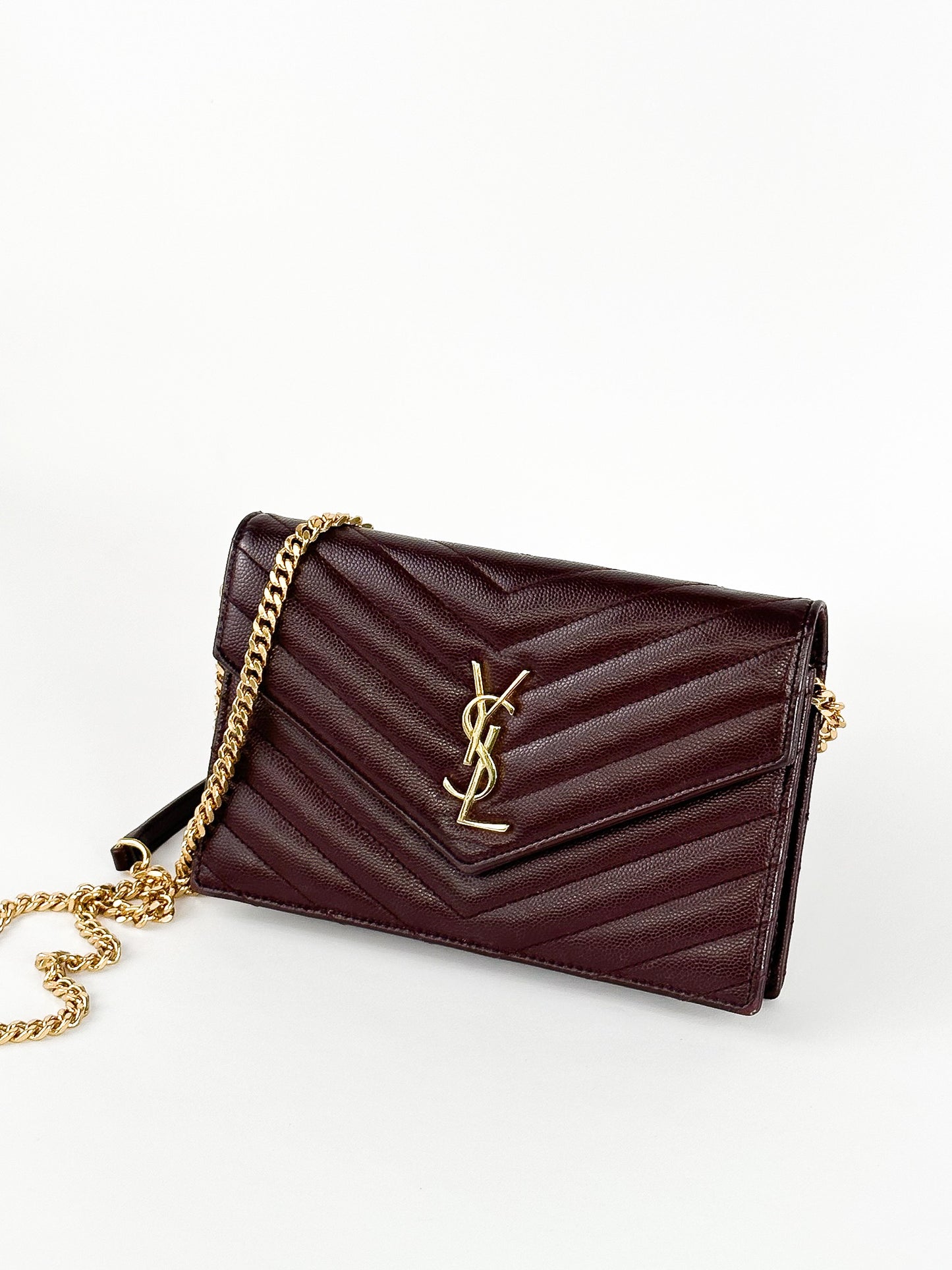 Saint Laurent Burgundy Matelassé Leather Monogram Envelope Wallet on Chain