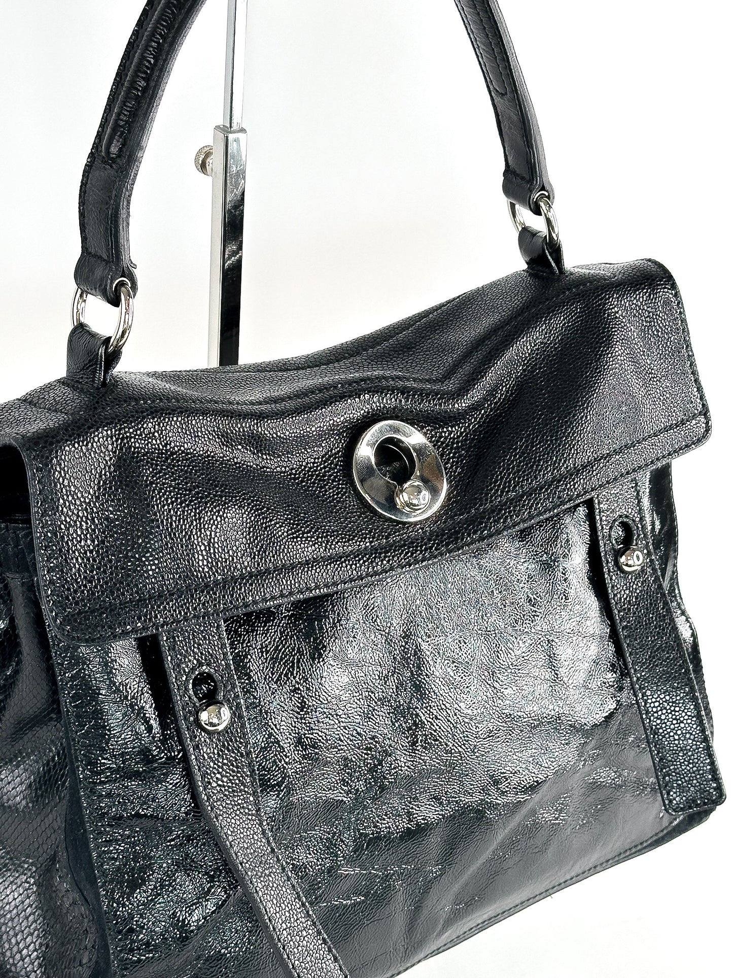 Yves Saint Laurent Black Patent Leather/Python and Suede Muse Two Satchel Medium