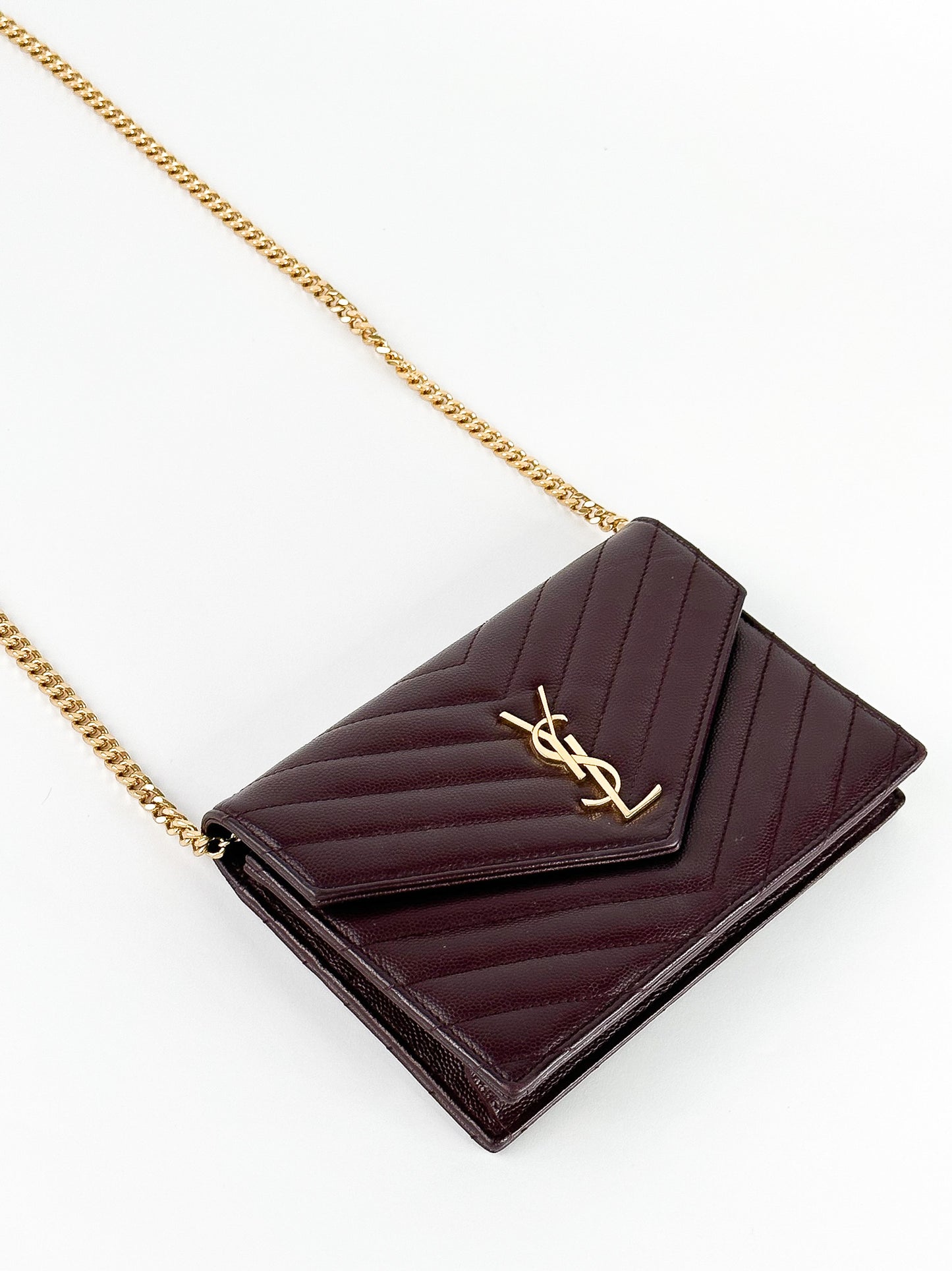 Saint Laurent Burgundy Matelassé Leather Monogram Envelope Wallet on Chain