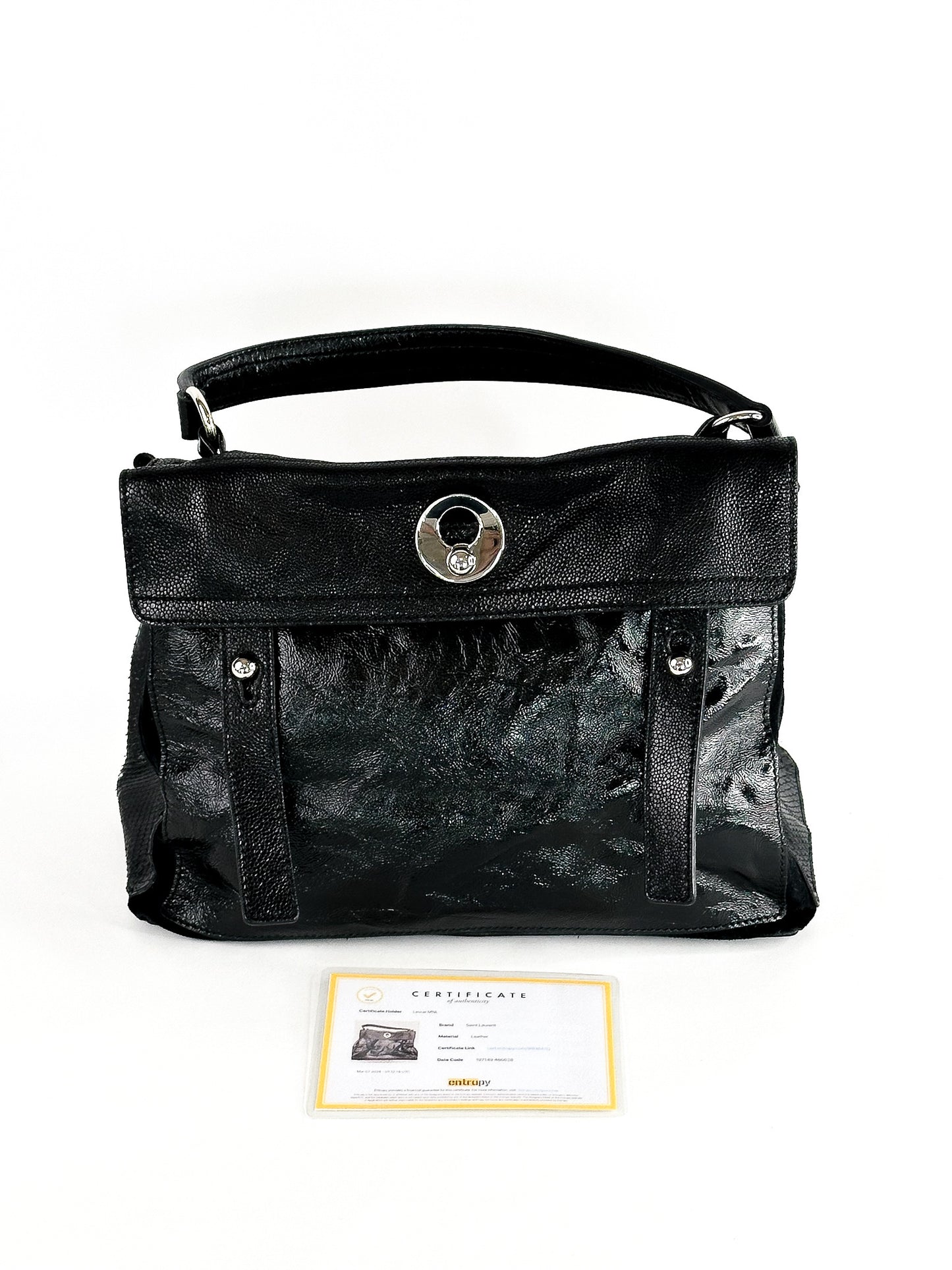 Yves Saint Laurent Black Patent Leather/Python and Suede Muse Two Satchel Medium