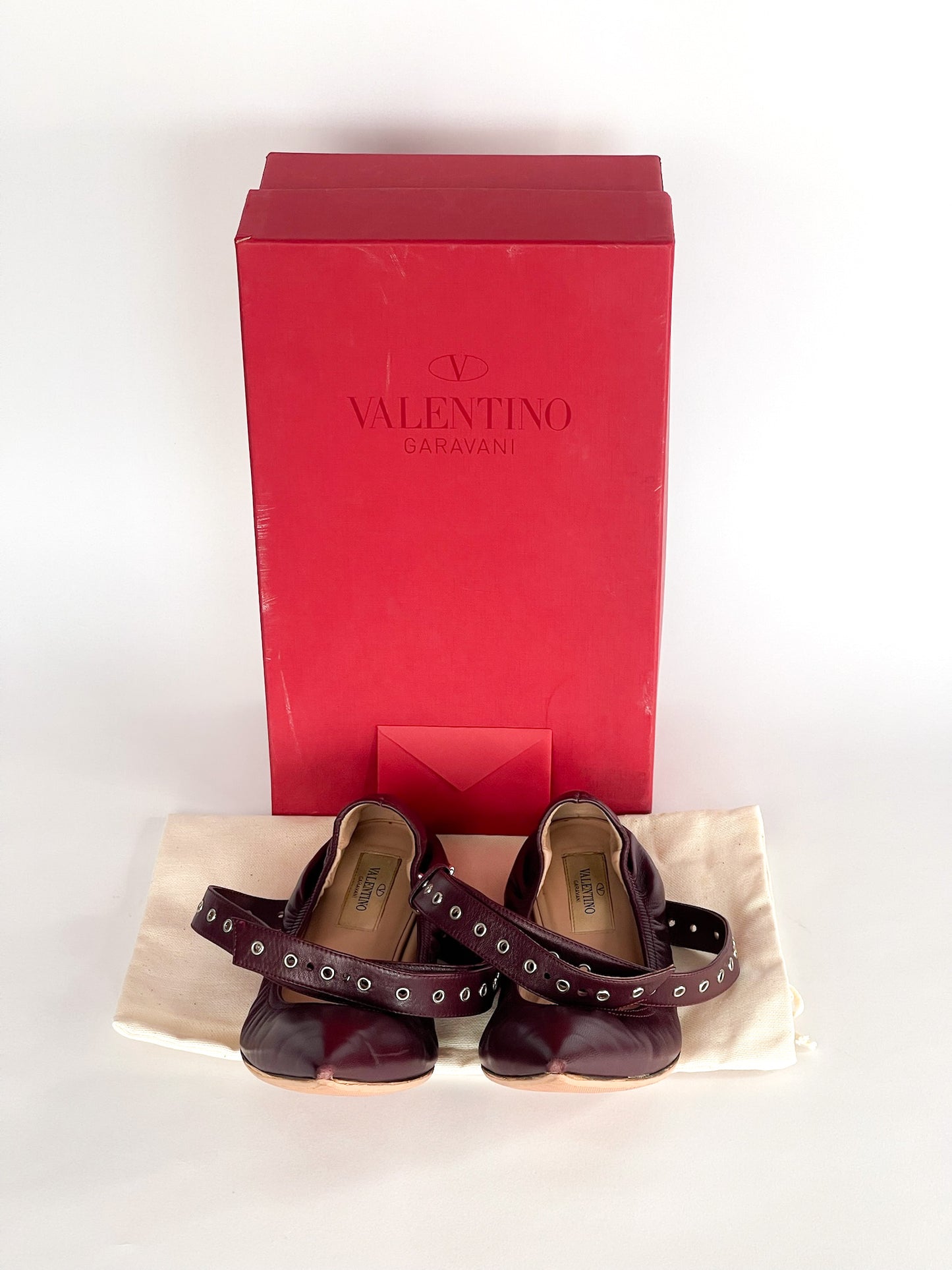Valentino Garavani Love Latch Grommeted Leather Ankle-wrap Ballet Flats Size 37