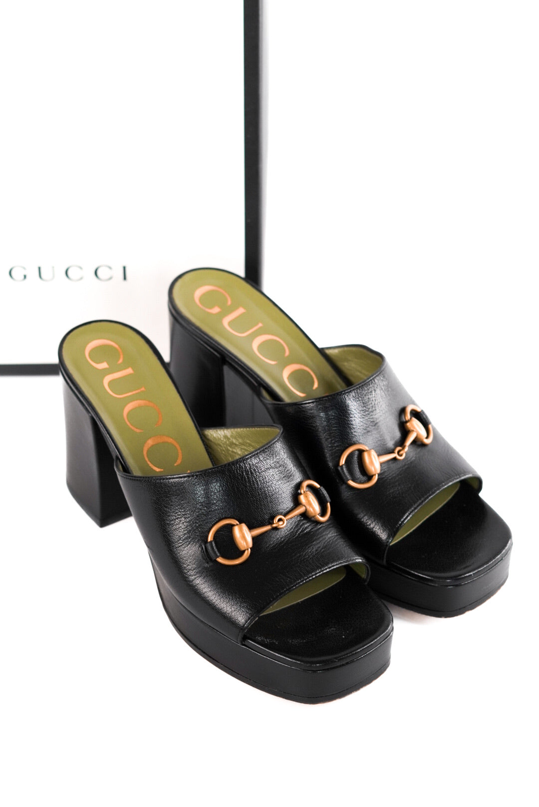 Gucci Black Leather Horsebit Platform Slide Sandals Size 39