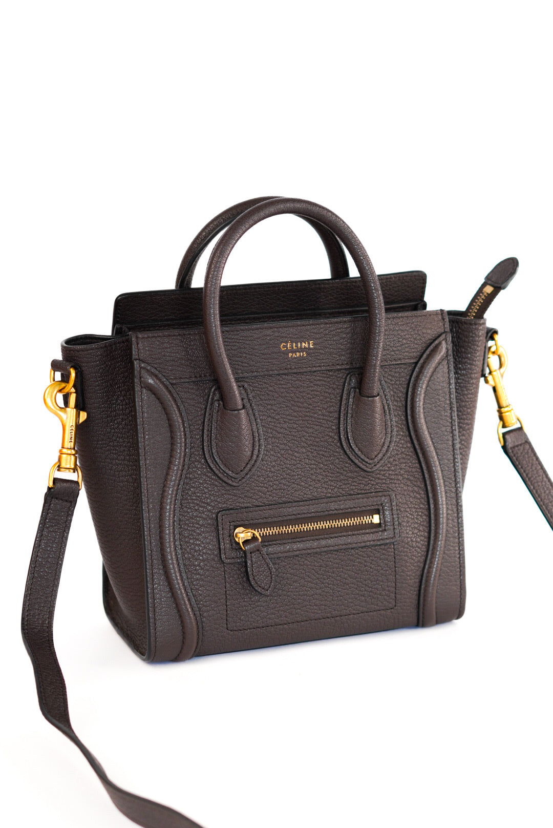 Celine Drummed Calfskin Nano Luggage Brown