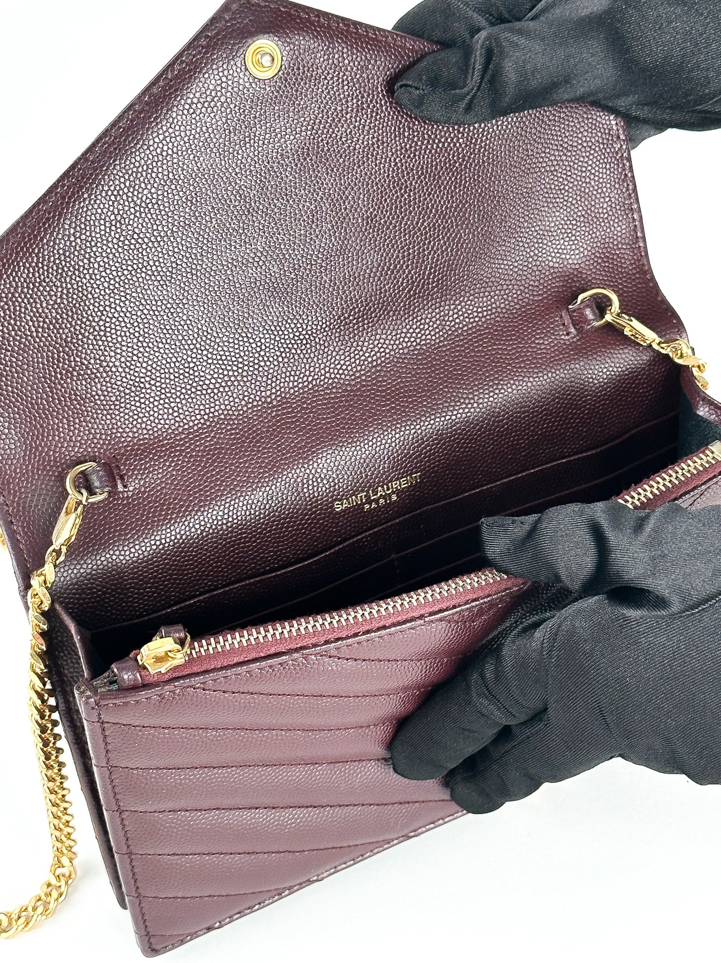 Saint Laurent Burgundy Matelassé Leather Monogram Envelope Wallet on Chain