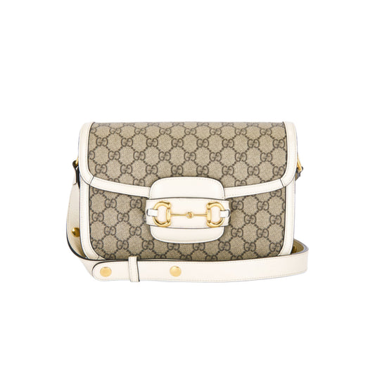 Gucci Beige/Off White GG Supreme Canvas and Leather Medium Horsebit 1955 Shoulder Bag